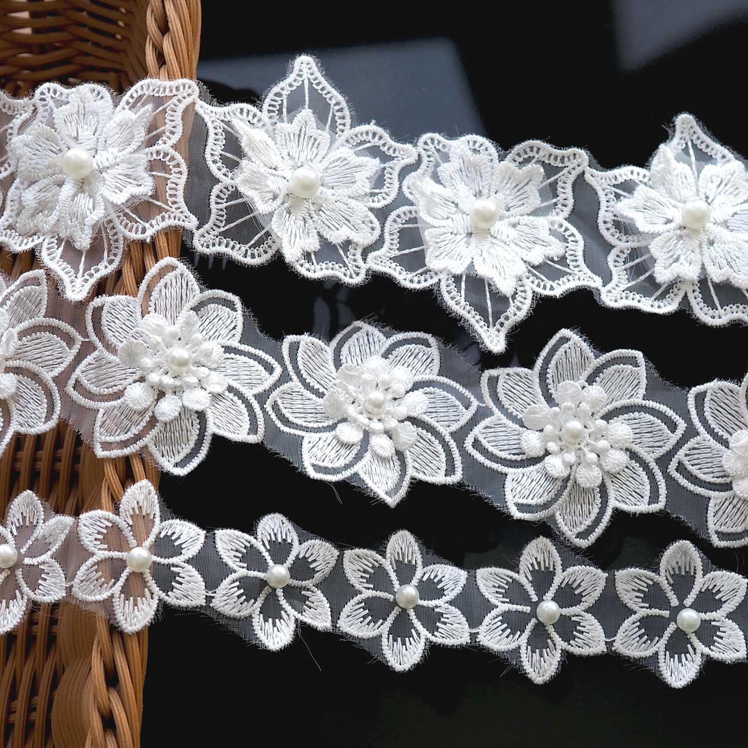 Xiufortion 3 Styles of Floral Lace Trim Flower Pearl Beads Ribbon DIY Appliques Sewing Craft for Wedding Bridal Dress Party Clothes Decoration Craft