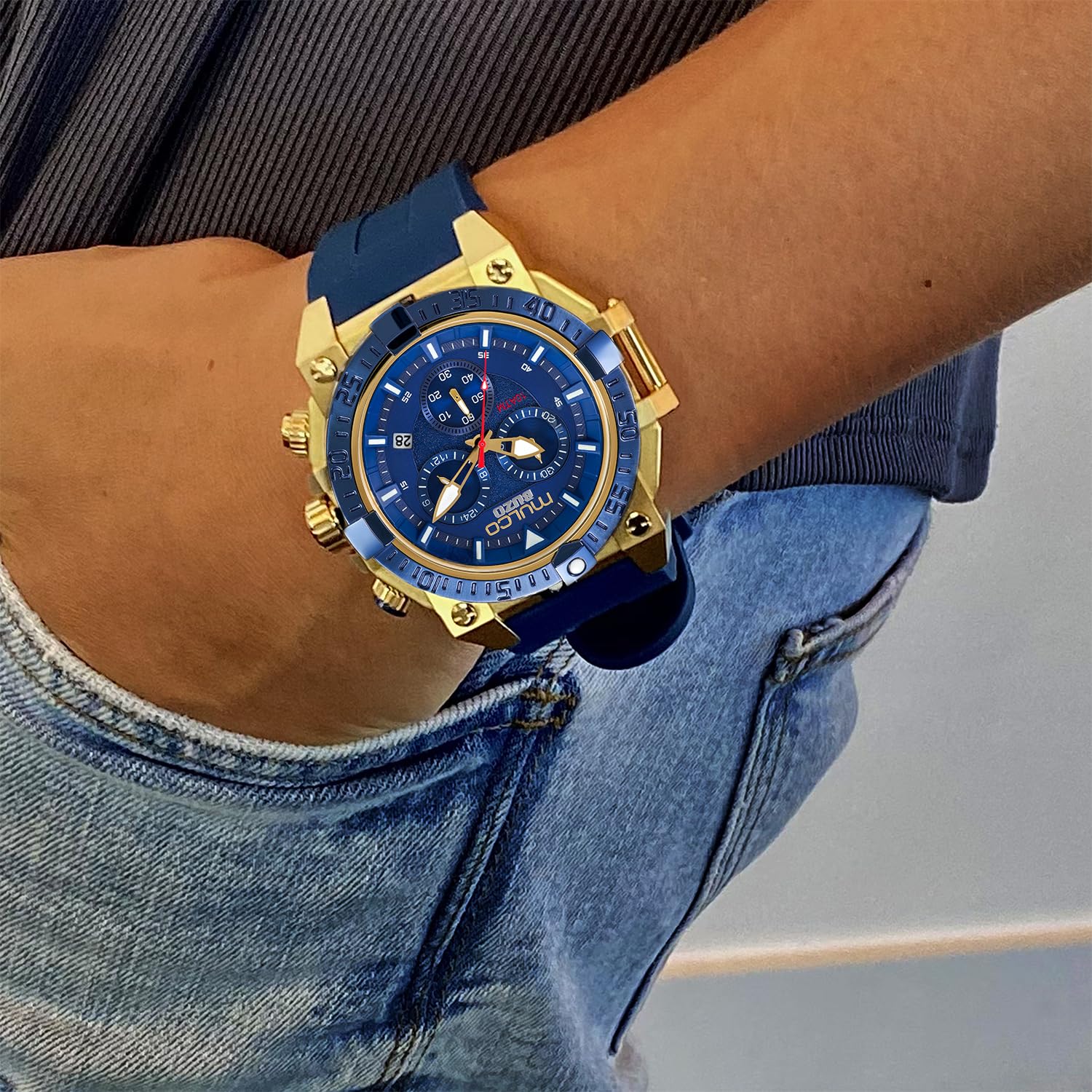 MULCO Buzo - Relojes para hombre, caja de acero inoxidable con correa de silicona o correa de acero inoxidable, movimiento cronógrafo de cuarzo, pantalla analógica de esfera grande, 100 m, resistente