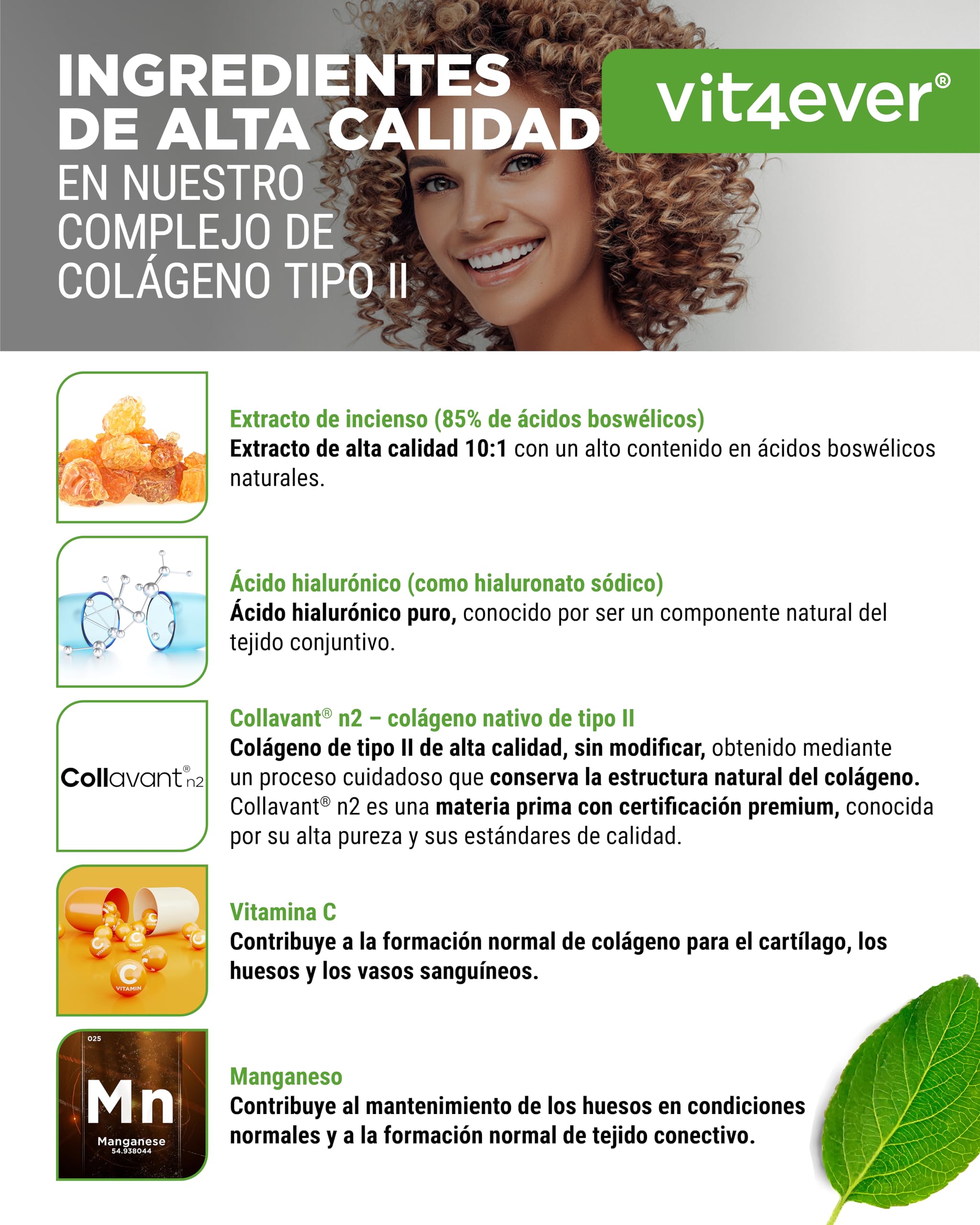 Complejo de colágeno tipo II – con colágeno nativo Collavant n2®, extracto de incienso, ácido hialurónico, vitamina C, manganeso para huesos, cartílago y articulaciones