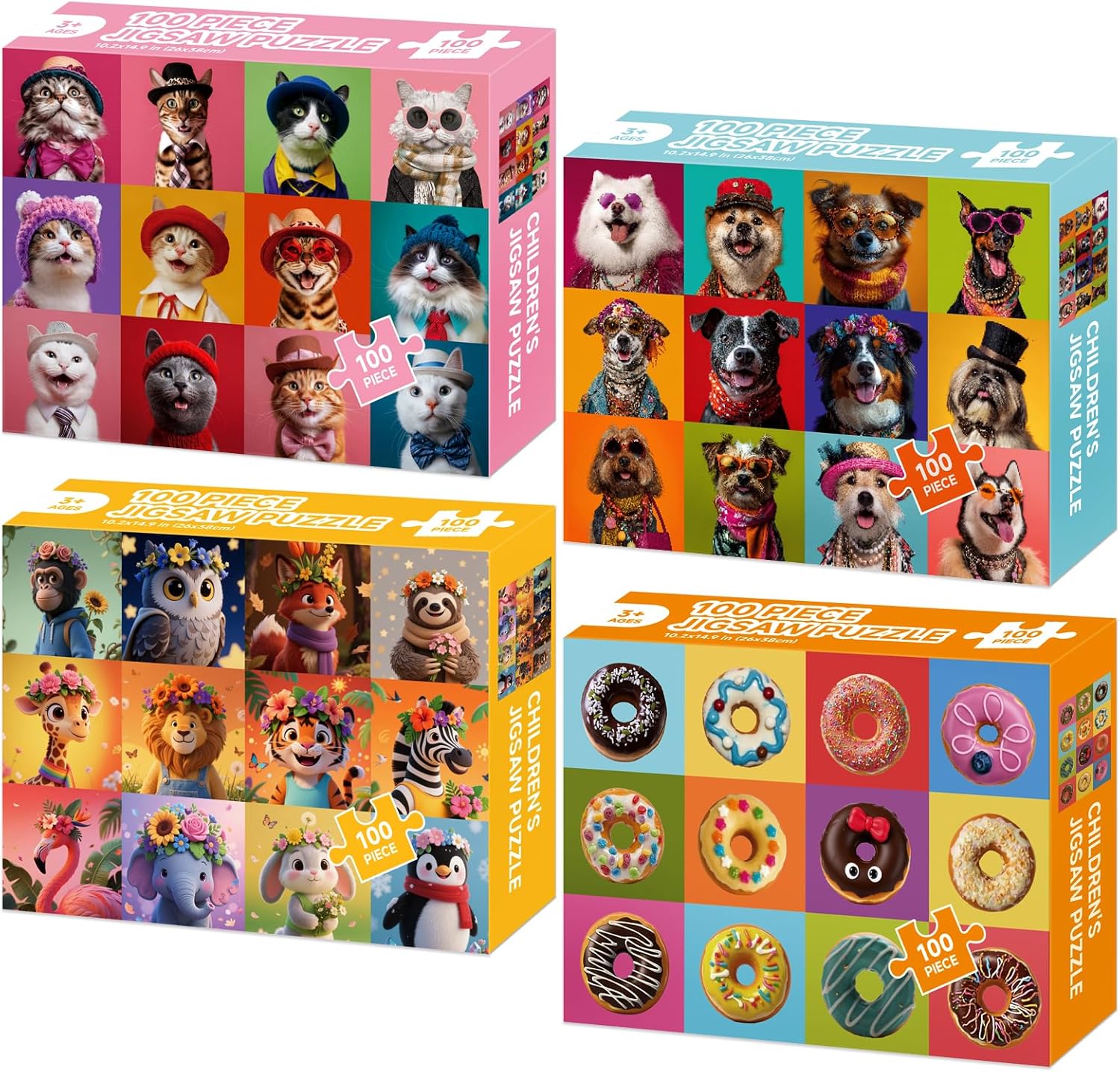 100 Piece Puzzles for Kids Ages 4-6 6-8 8-10, 4 Packs Cute Animals Dogs Cats Donuts Kids Puzzles Ages 3-5 4-6 5-8, 100 Large Piece Puzzle for Adults Seniors, Educational Jigsaw Puzzles Gift (15x10 in)