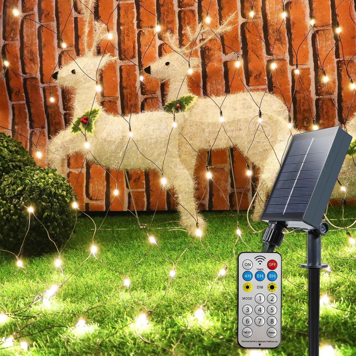YAOZHOU Solar Christmas Net Lights Outdoor Waterproof,Warm White 208Led 9.9Ft*6.6Ft Mesh Lights 8 Modes with Timer,Solar Powered Christmas Decorations for Lawn, Bushes, Trees