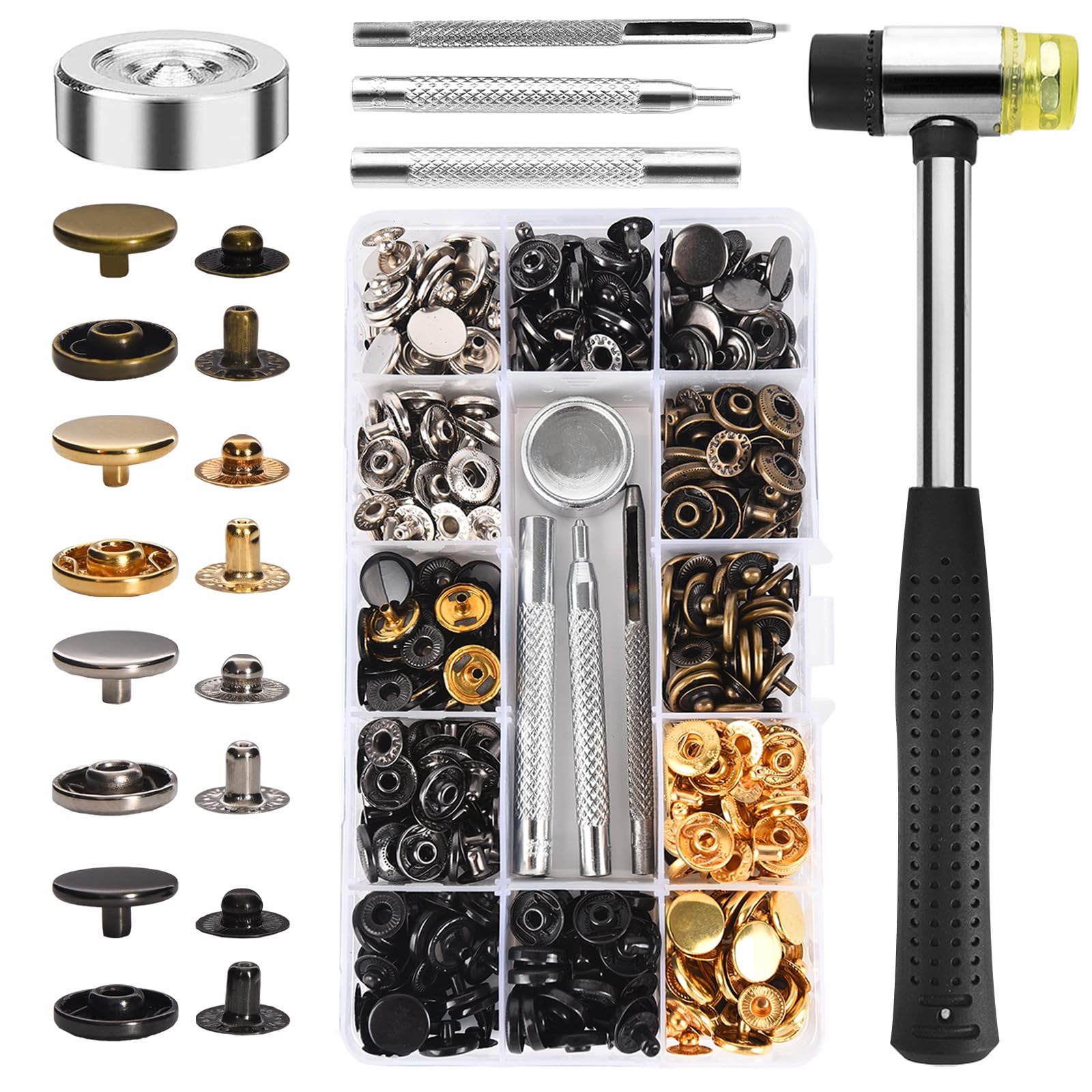120 Sets Snap Fasteners, 6colour Copper Snaps Button Canvas Snaps Kit Press Studs with Hammer and 4 PCS Fixing Tool Kit 12.5mm Poppers Fasteners for Clothes Craft Repairs, 6 Colors
