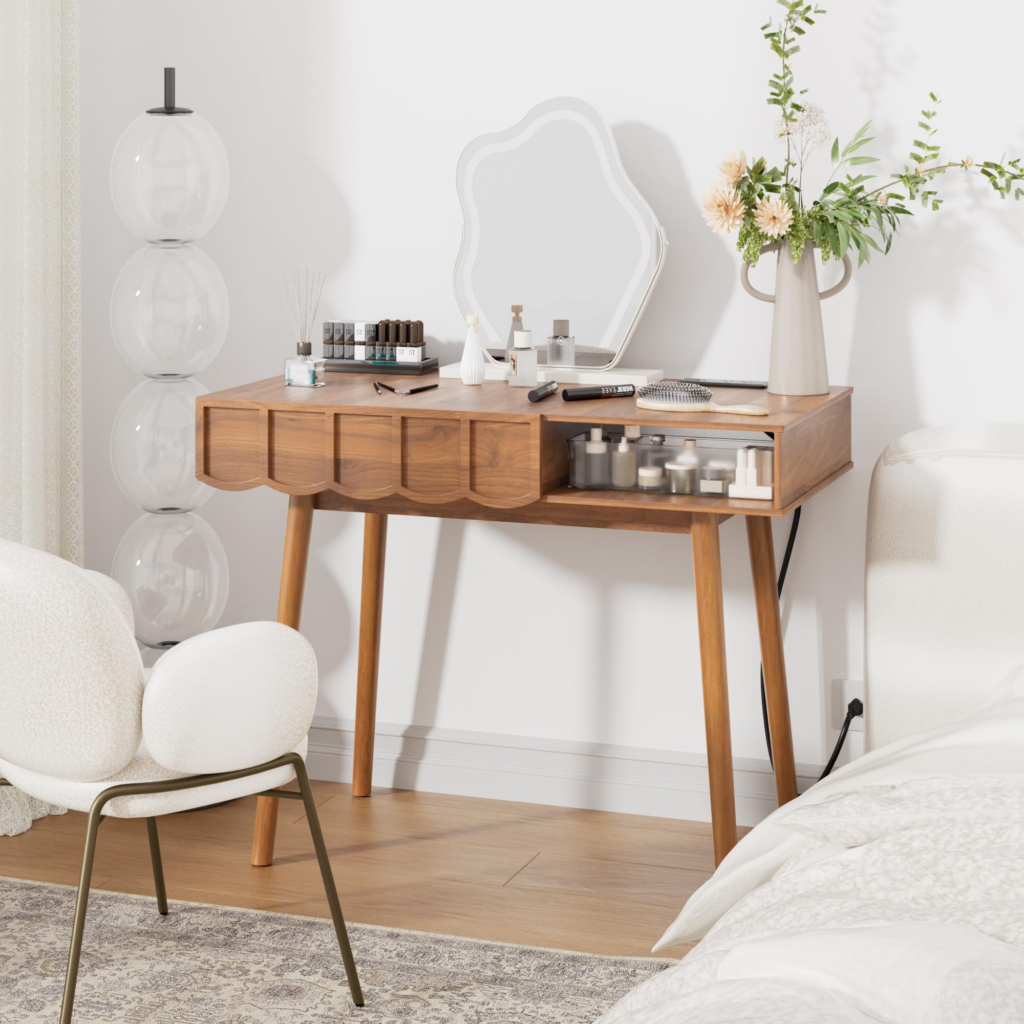 Escritorio Madera con Enchufes USB, 109x51x76cm, 40L Almacenamiento, Nogal Impermeable, para Oficina, Dormitorio, Mesita de Maquillaje，Cable de Alimentación， Mid-Century Modern