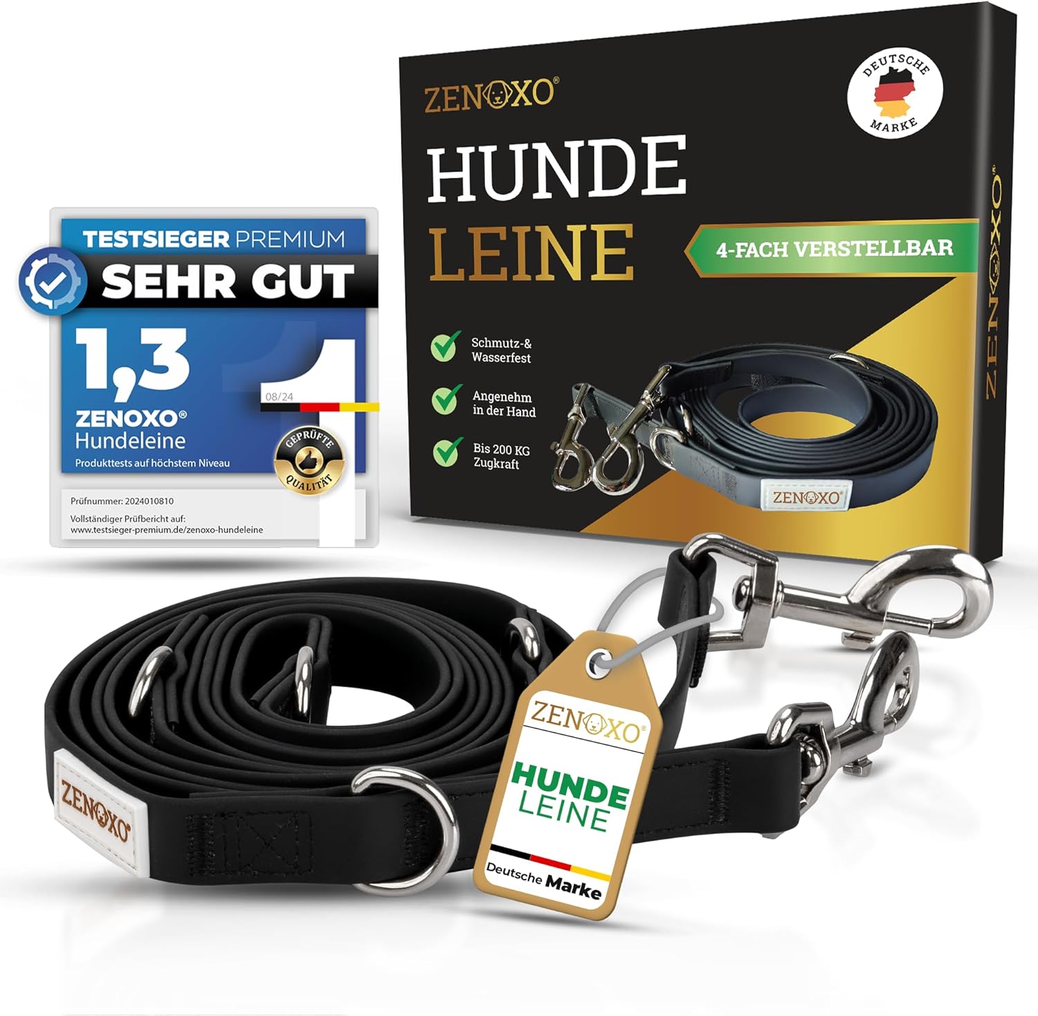 ZENOXO [3 m] Hundeleine | Schmutz- und wasserdicht – für mittelgroße und große Hunde – 4-fach verstellbare Laufleine und Schulterleine