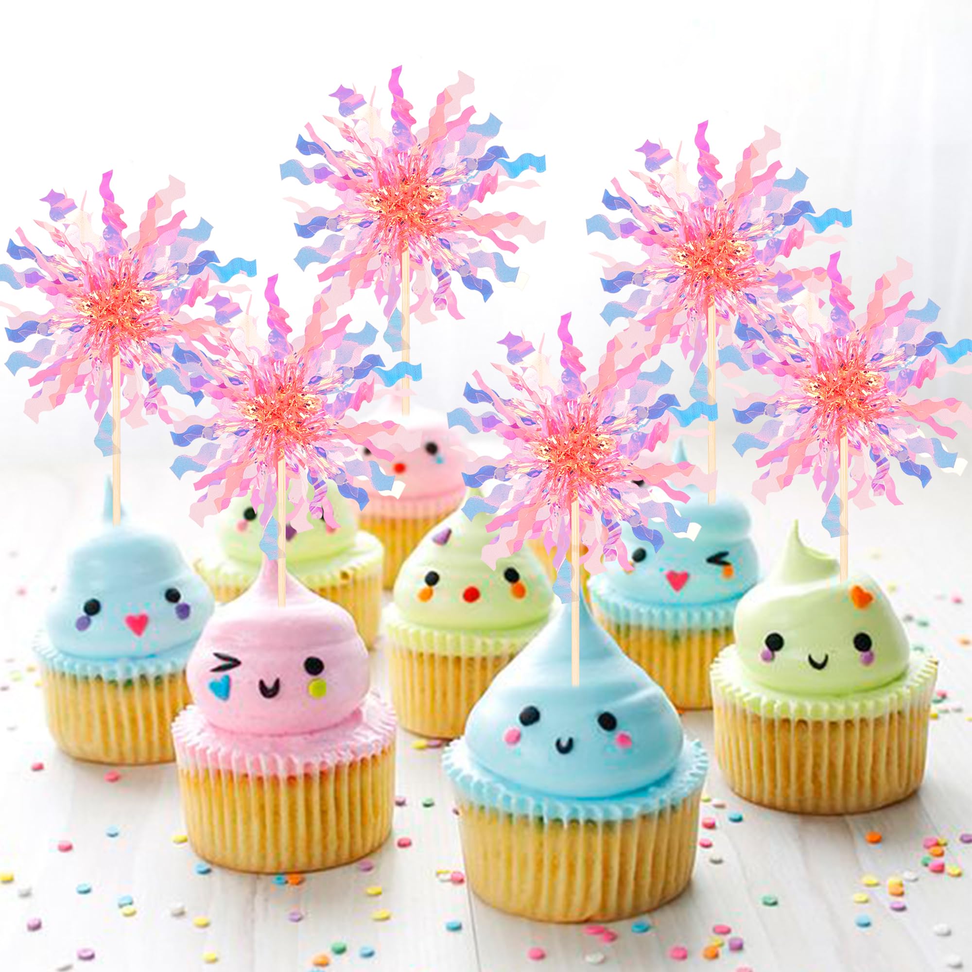 30 PCS Foil Firework Cupcake Toppers - Sparkle Tinsel Picks For Birthday, Baby Shower, Graduation Parties (Yellow) - View #7