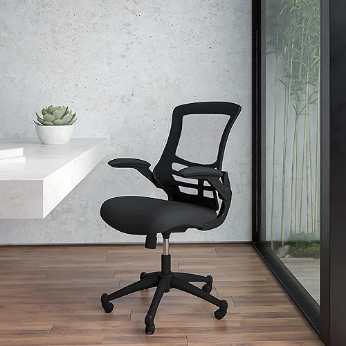 Miniatura 16 de Flash Furniture Kelista Silla de oficina ergonómica giratoria de malla roja con respaldo medio, brazos abatibles Malla roja,Piel negra