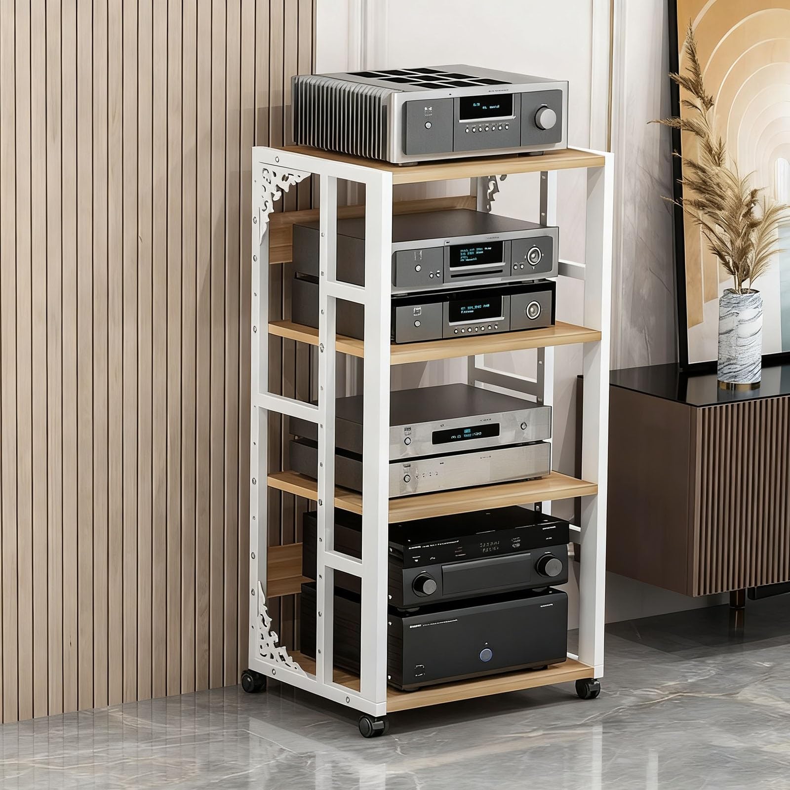 AV Media Stand Armadio regolabile da pavimento con ruote, multifunzione, per CD, DVD, console di gioco, TV, box – perfetto per soggiorno e intrattenimento