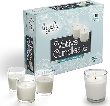 Hyoola White Votive Candles in Glass - Pack of 24 Votive Candle - 12 Hour Burn Time - Unscented Votive Candles - European Made Glass Votives