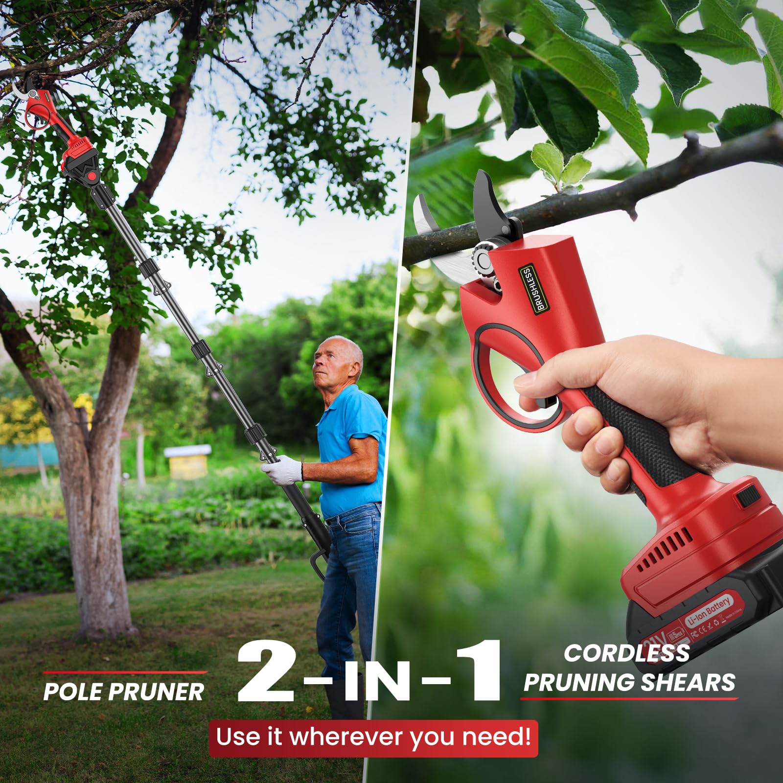 Tijeras de Podar Electricas con Pértiga,40mm 2 en 1 Tijeras de Podar Telescopica Bateria con 21 V 2x 2000 mAh Baterías, Extender 2.5M, Potente Motor sin Escobillas para Jardinería, Arboles Frutales