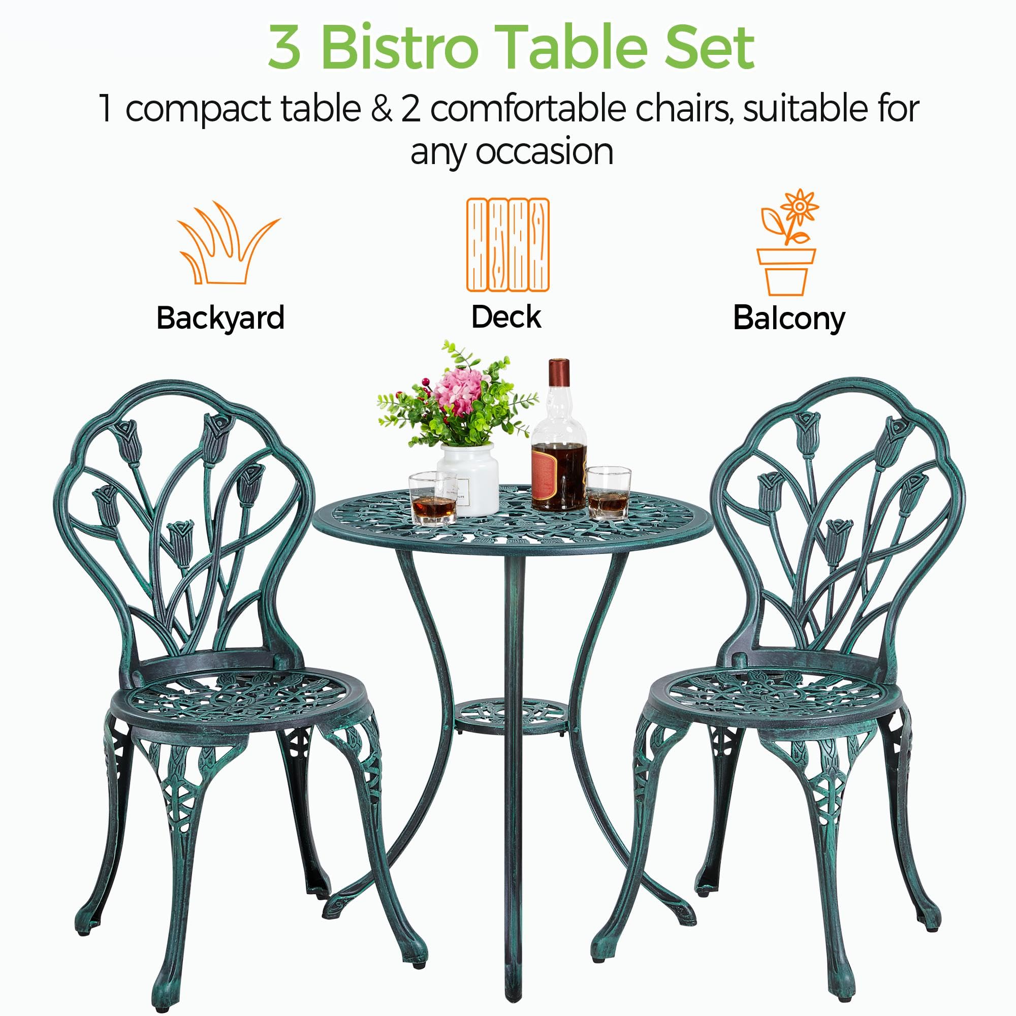 Yaheetech Conjunto de Mesa y Silla Exterior Mueble de Aluminio para Jardín Balcón Terraza Patio 2 Sillas y 1 Mesa Verde