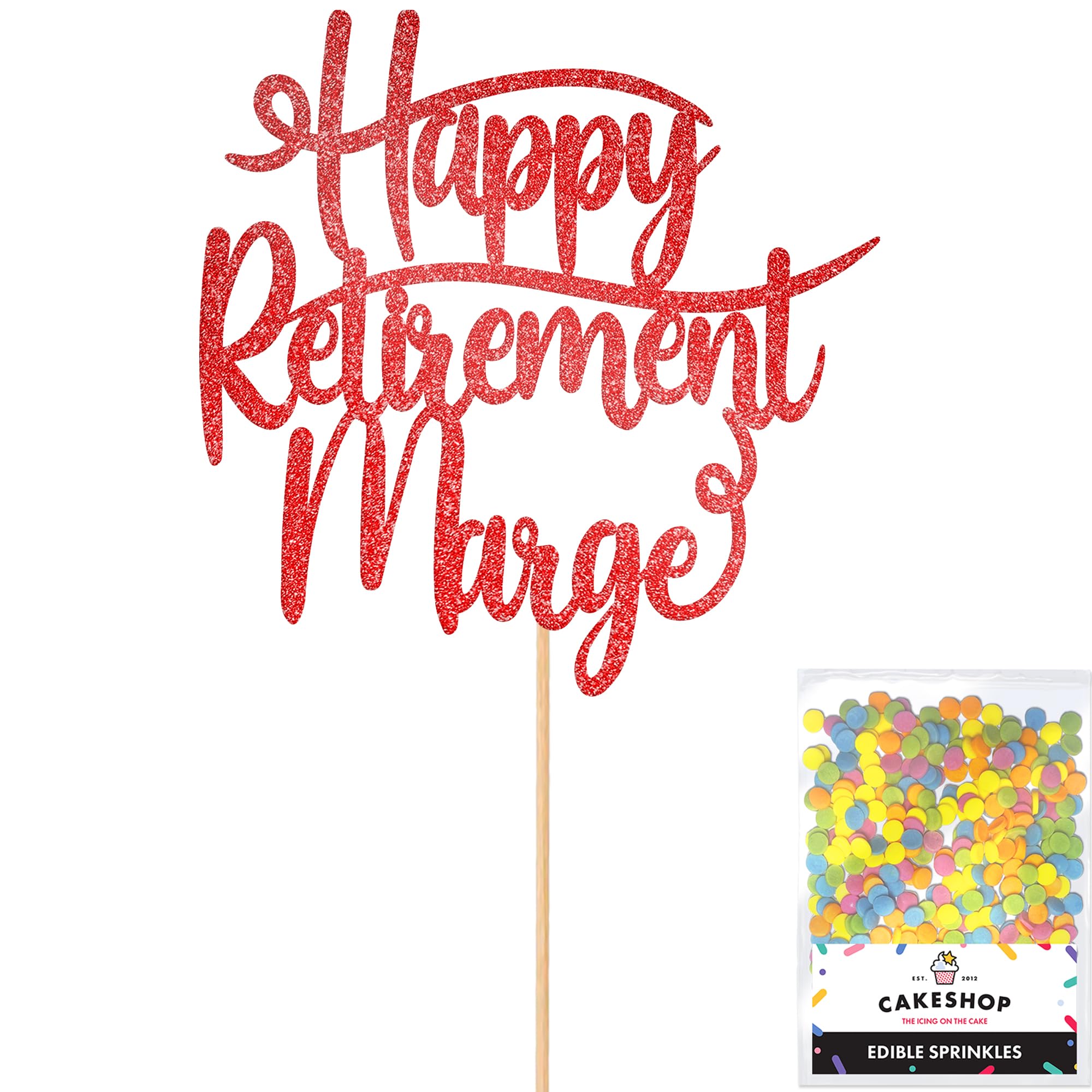 Cakeshop Personalised Happy Retirement Glitter Cake Topper With Sprinkles - Red Custom Colour - Any Name - Double-Sided Glitter Card Cake Decoration - Custom Toppers for Cakes โ image 1
