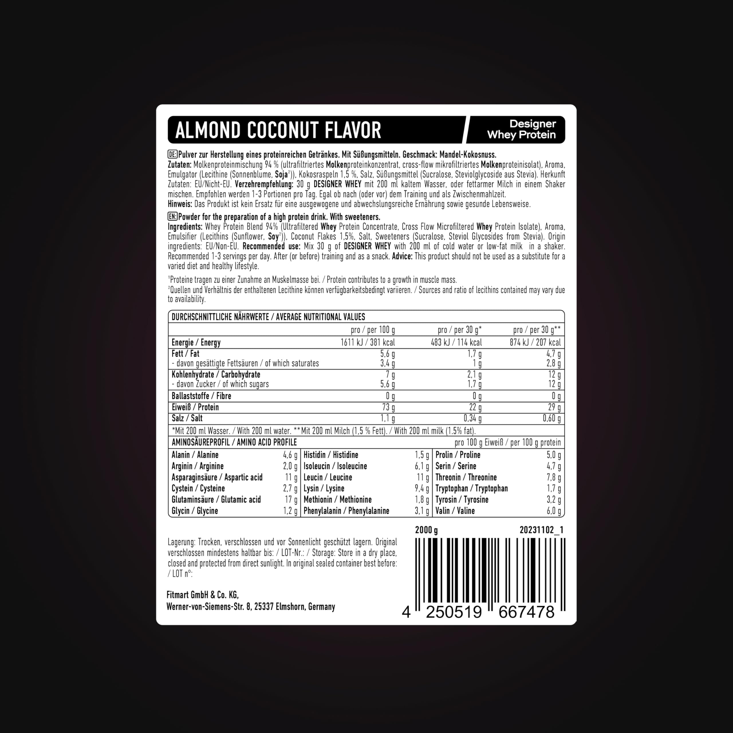 ESN Designer Whey Protein Pulver, Eiweißpulver, Mandel-Kokos, 2000 g, 1.0 kg, 33 Portionen