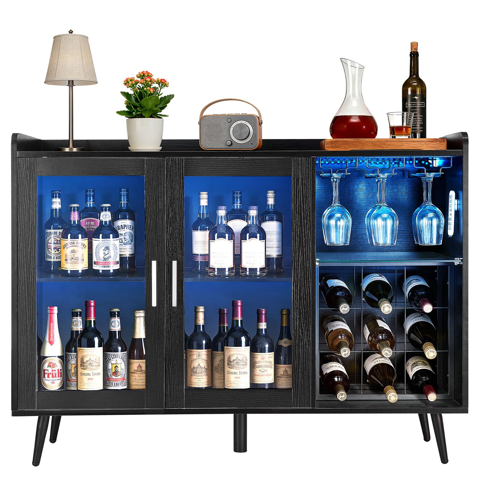 VEVOR Mobile da Bar per Casa Credenza Portabottiglie, Mobiletto Portabottiglie Portabicchieri con Illuminazione LED Dimmerabile Ripiani per Bottiglie, Credenza da Bar per Soggiorno Salotto Cucina