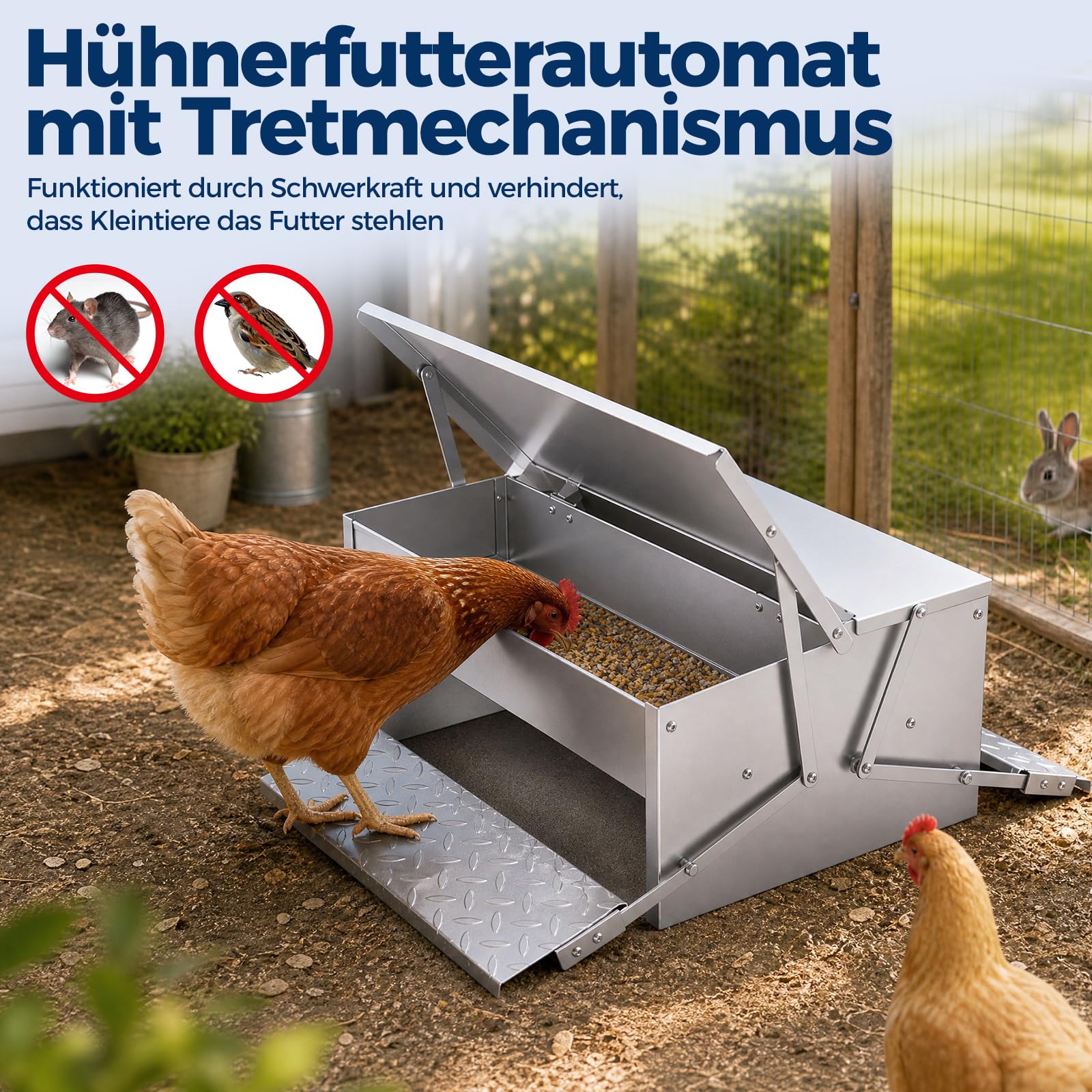 Automatischer Hühner Futterautomat, 15 kg Doppelseitiger Tritt-Hühnerfutter, Mit Rattensicher Wasserdicht Deckel, Edelstahl Futtertrog für Geflügel Hühner, Enten, Gänse, für Außenbereich/Stall/Hof