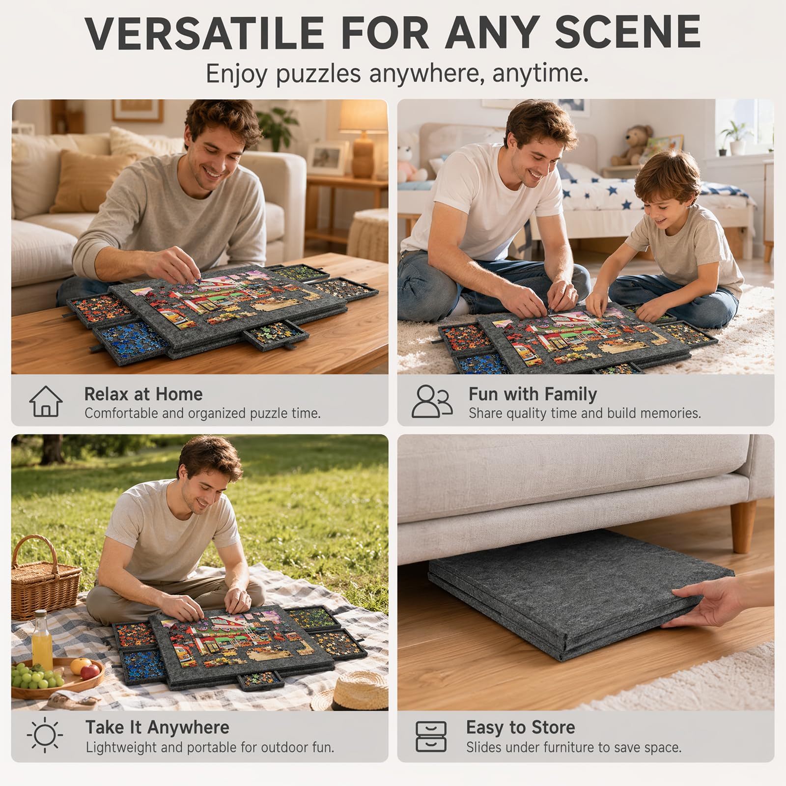 Planche de puzzle 2 en 1 de 1000 pièces avec 6 tiroirs, table de puzzle inclinable et pliable en feutre avec couvercle et support, dossier de puzzle portable pour rangement, plateau de puzzle