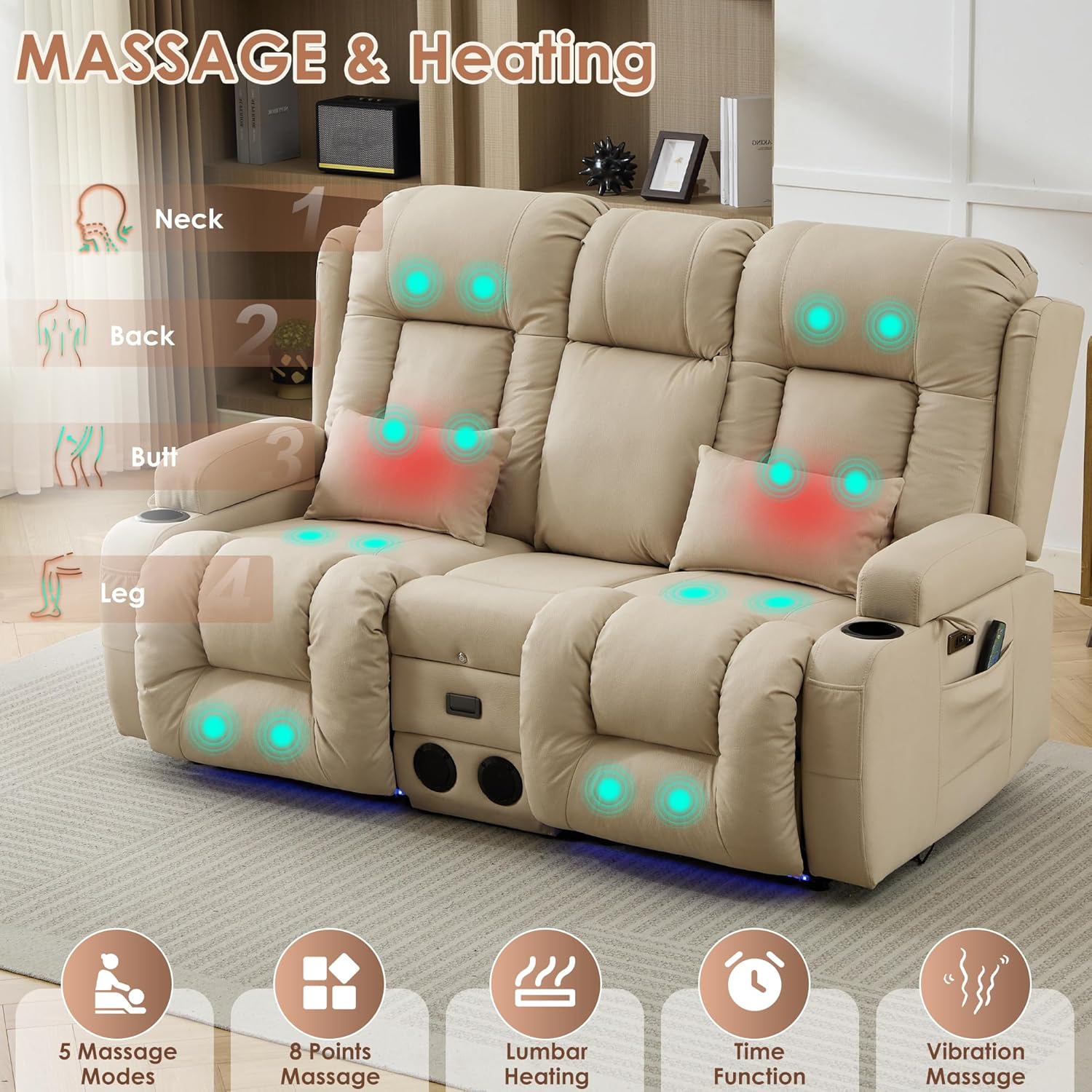 TUNYI Wall Hugger Power Loveseat Recliner - RV Reclining Loveseat with Console Theater Seating RV Recliner Sofa with USB/Outlet//Cup Holder/LED Light/Side Pocket (Beige, Loveseat)