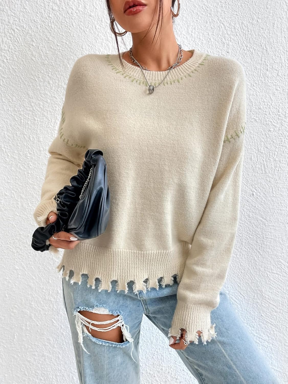 Women's Sweater Drop Shoulder Distressed Sweater Sweater for Women (Color : Beige, Size : Small)