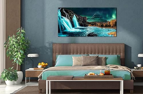 Miniatura 3 de THRLVEART Lienzo decorativo de pared en cascada grande  Decoración de sala de estar verde azulado  Luces del norte, arte de pared moderno para el