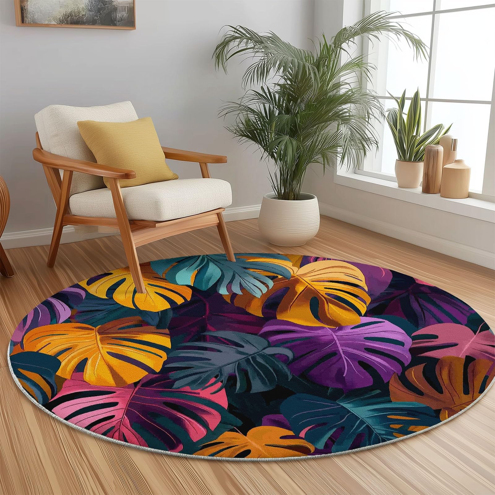 Generisch Teppiche für Wohnzimmer Rund, Abstrakte Tropische Blätter Drucken Teppich Schlafzimmer Groß Flanell Flauschig Weich rutschfest Fußmatte Waschbar für Kinderzimmer, Durchmesser 100 cm, Bunt