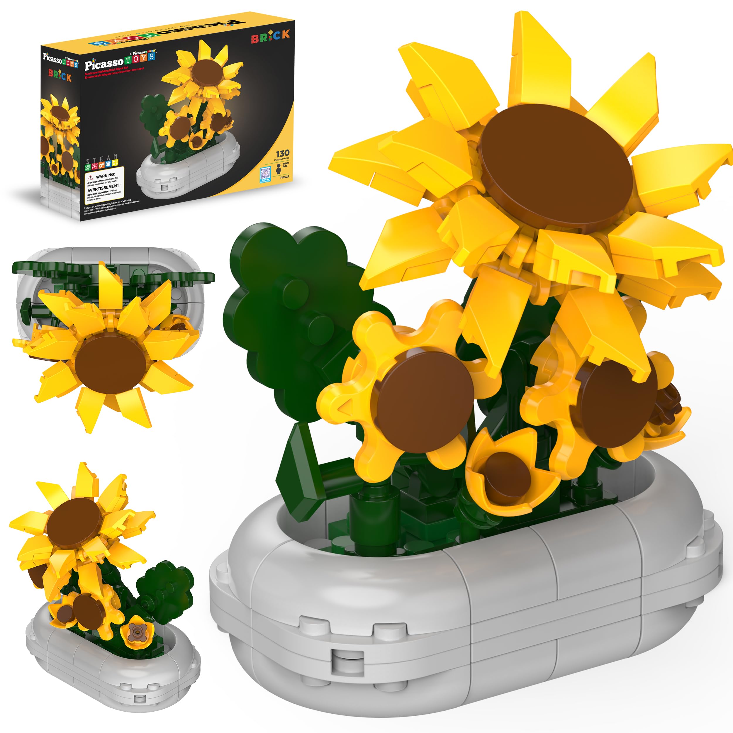 PicassoTiles 130pc STEM Sunflower Building Brick Block Set with Vase Flower Craft Toy for Kids Ages 3+ Educational Learning and Creative Activity Construction Room Decor Gift for Boys and Girls PBS22