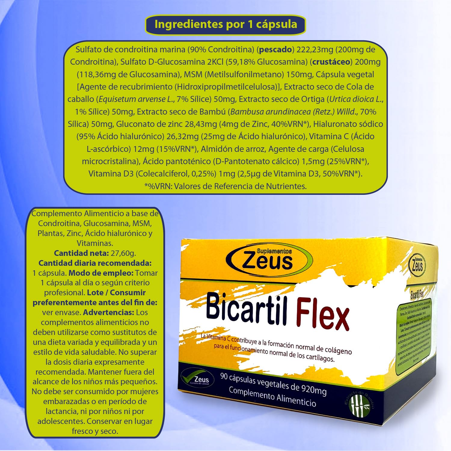 BICARTIL FLEX reduce la inflamación del sistema muscular/articular, mejora la flexibiliad, Evita la destrucción del tejido osteoarticular, 90 cps vegetales