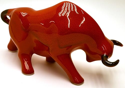 Miniatura 2 de Toro de escultura de cerámica hecho a mano y pintado a mano. Figura decorativa. Tamaño grande 12.99 "x 7.48" x 5.12 "(rojo sal)