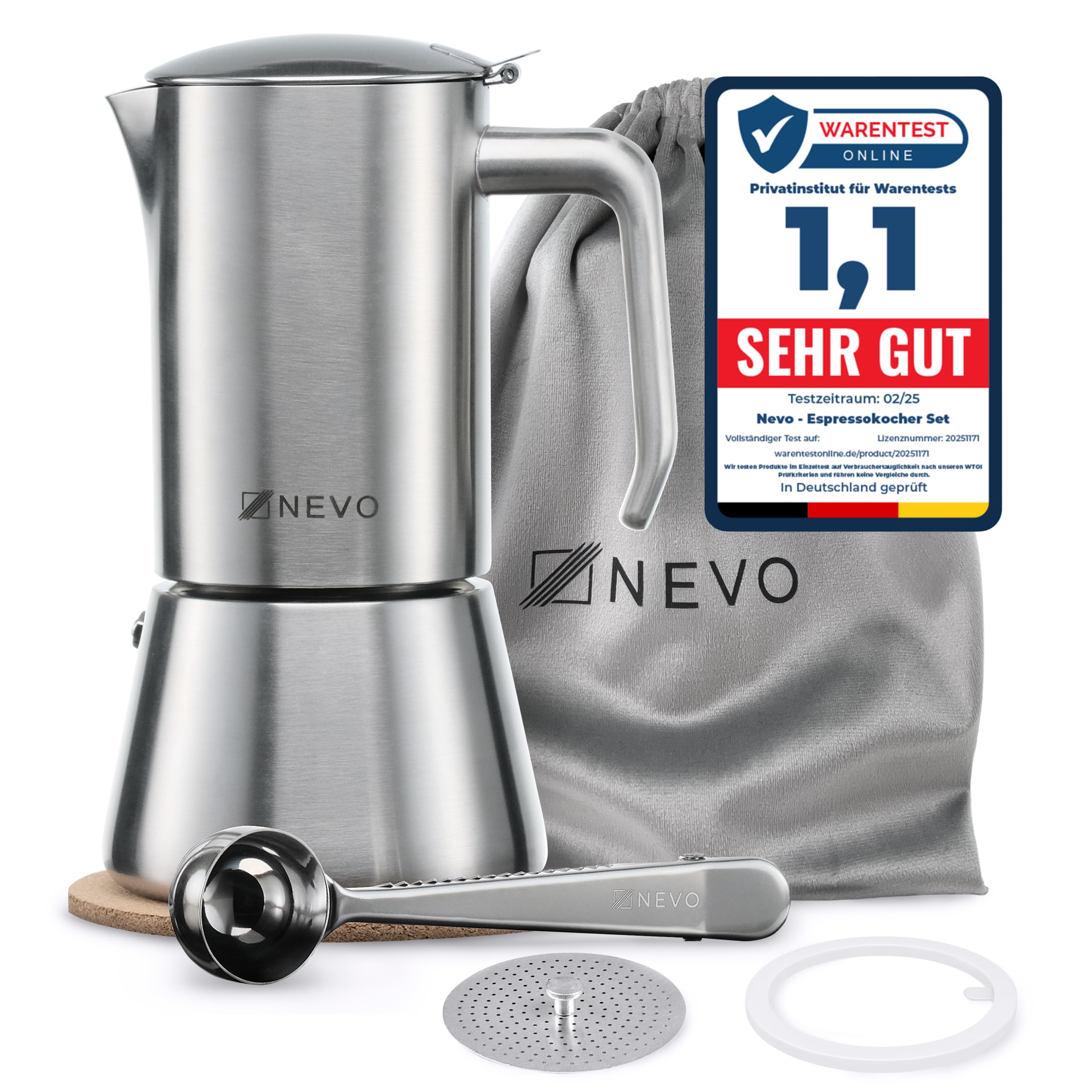 NEVO Cafetera de inducción de acero inoxidable, 6 tazas, libre de BPA y sostenible, para todo tipo de fuegos y camping, apta para lavavajillas, juego premium de cafetera moka – elegante para los