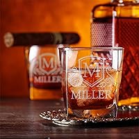 Vista 5 de Customization Mill Juego de 2, vasos de whisky con monograma con nombre e inicial, regalos para hombres, 9 diseños personalizados, bourbon