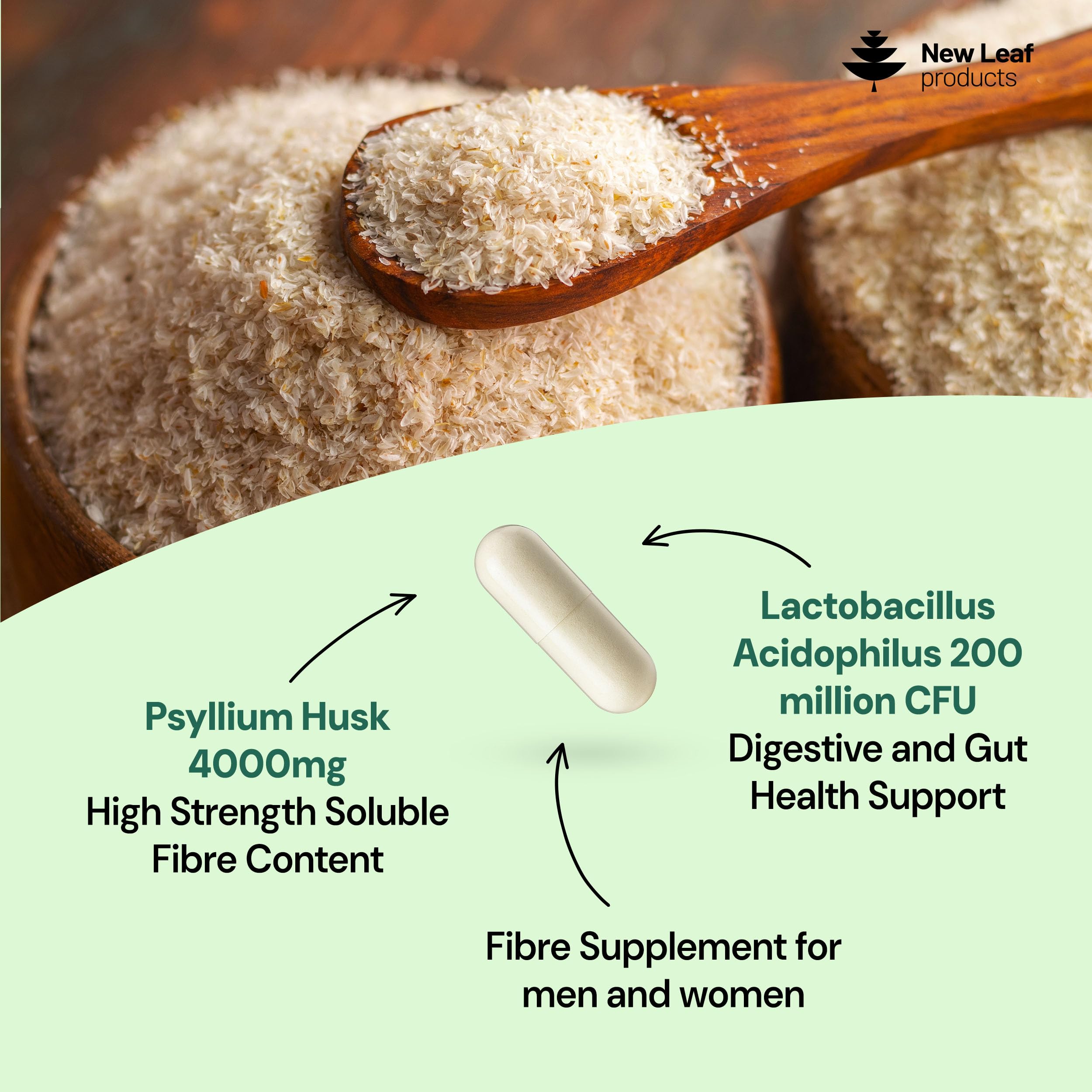 New Leaf Products Psyllium Husk Capsules Enriched with Acidophilus Fibre Supplement High Absorbency Strength Contributes Towards Gut and Digestive Health from Plantago Ovata Seeds, Ispaghula Husk — Amazon image 2
