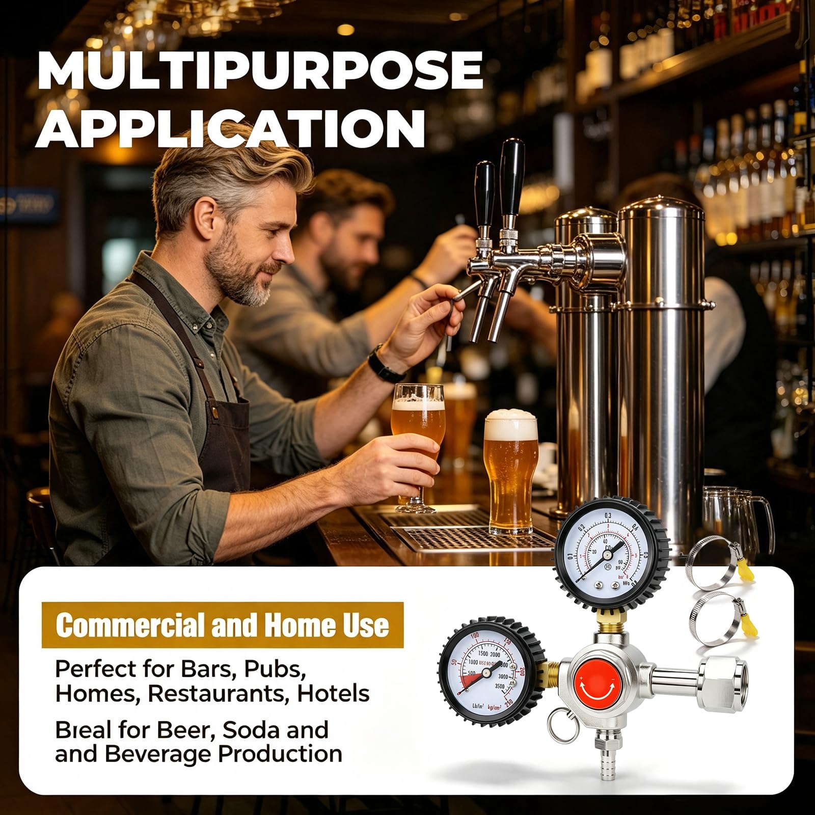 CO2 Druckminderer, W21.8 Druckminderer Co2 Druckregler mit Doppelmanometer und Druckbegrenzungsventil für Biermaschine, Bierbrauen & Bierzapfanlage, Home Brew Gasleitung Zubehör