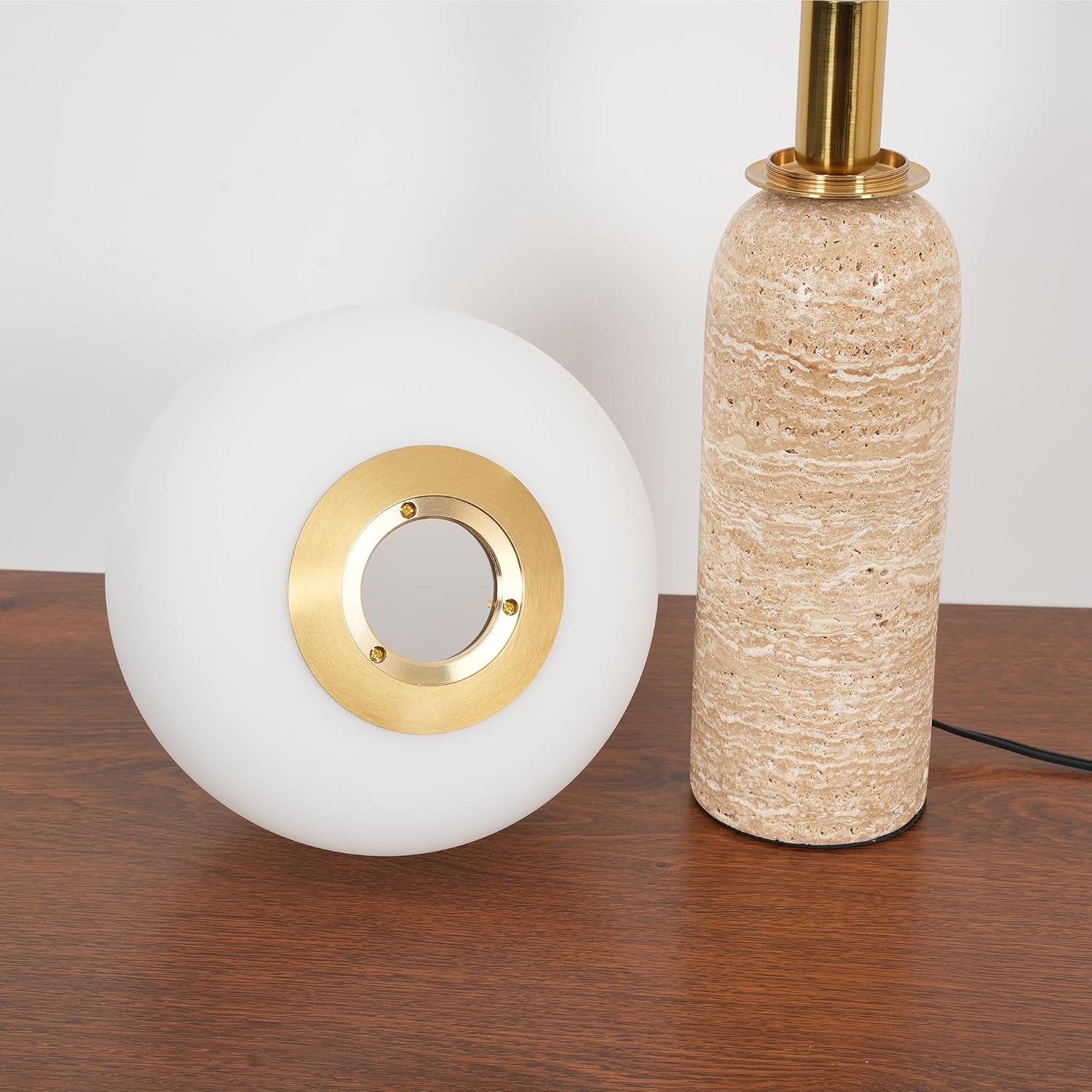 Skyblaze Modern Marble Table Lamp with Frosted Glass Shade, Cute Glass Globe Night Light, Natural Yellow Travertine Desk Lamp for Bedroom Living Room (Beige)