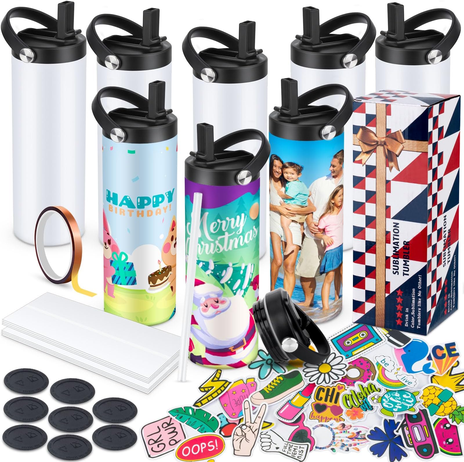 8 Pack 20 OZ Sublimation Tumblers Skinny Straight, Sublimation Sport Water Bottles Blanks Stainless Steel Double Wall Insulated Cups Bulk with Straw Lids DIY for Gift