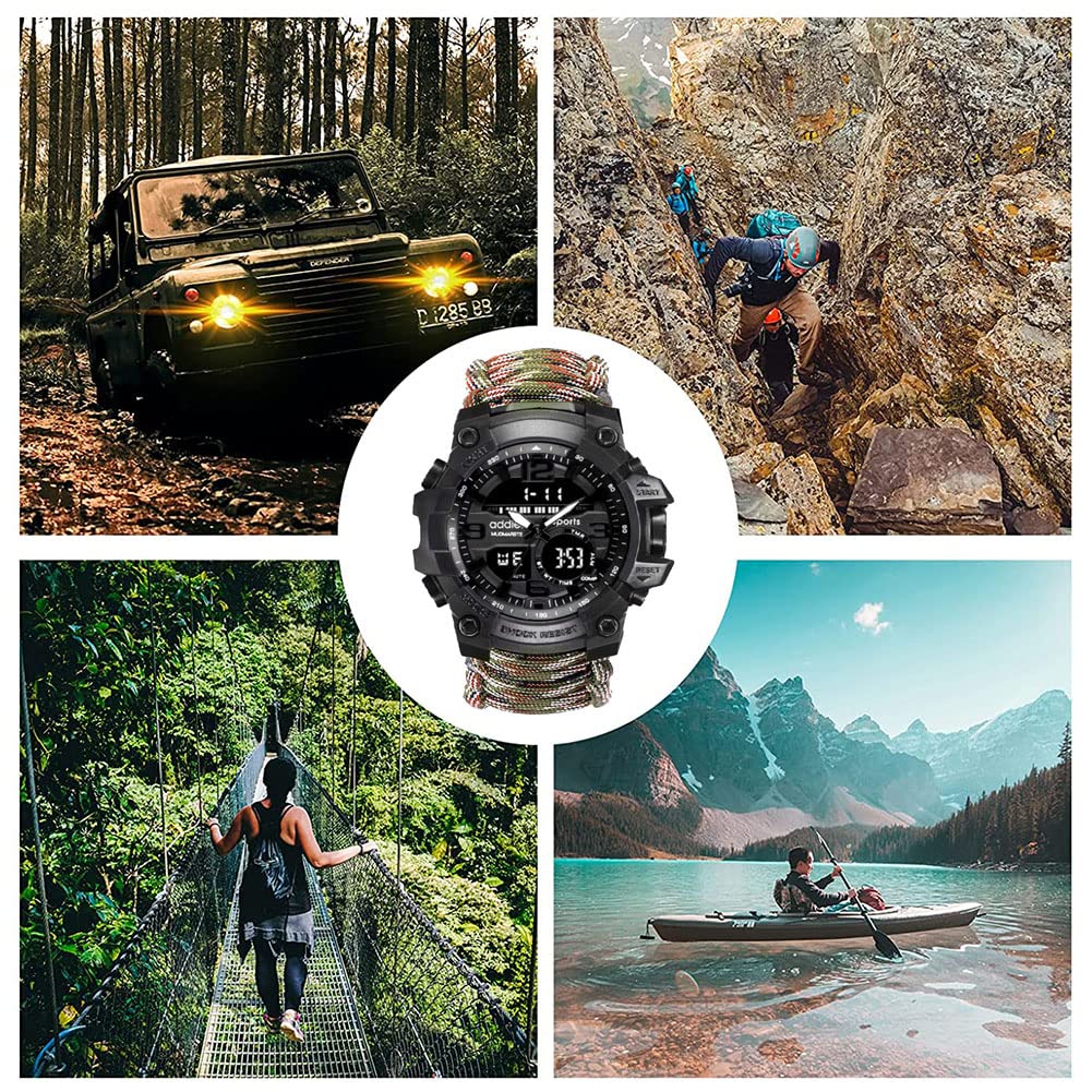 Survival zegarek na rękę, męski, damski, taktyczny, z paracord, gwizdkiem, krzesiwo, skrobakiem, kompasem i termometrem, 6 w 1, wielofunkcyjny zegarek outdoorowy, tęcza, pasek