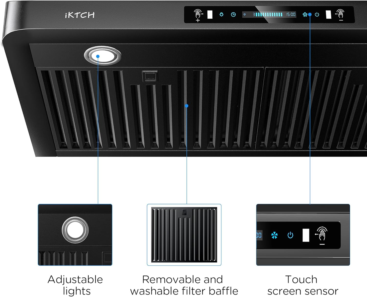 IKTCH 30 Inch Under Cabinet Range Hood 900 CFM, Black Kitchen Vent Hood with 4 Speed Gesture Sensing & Touch Control Panel
