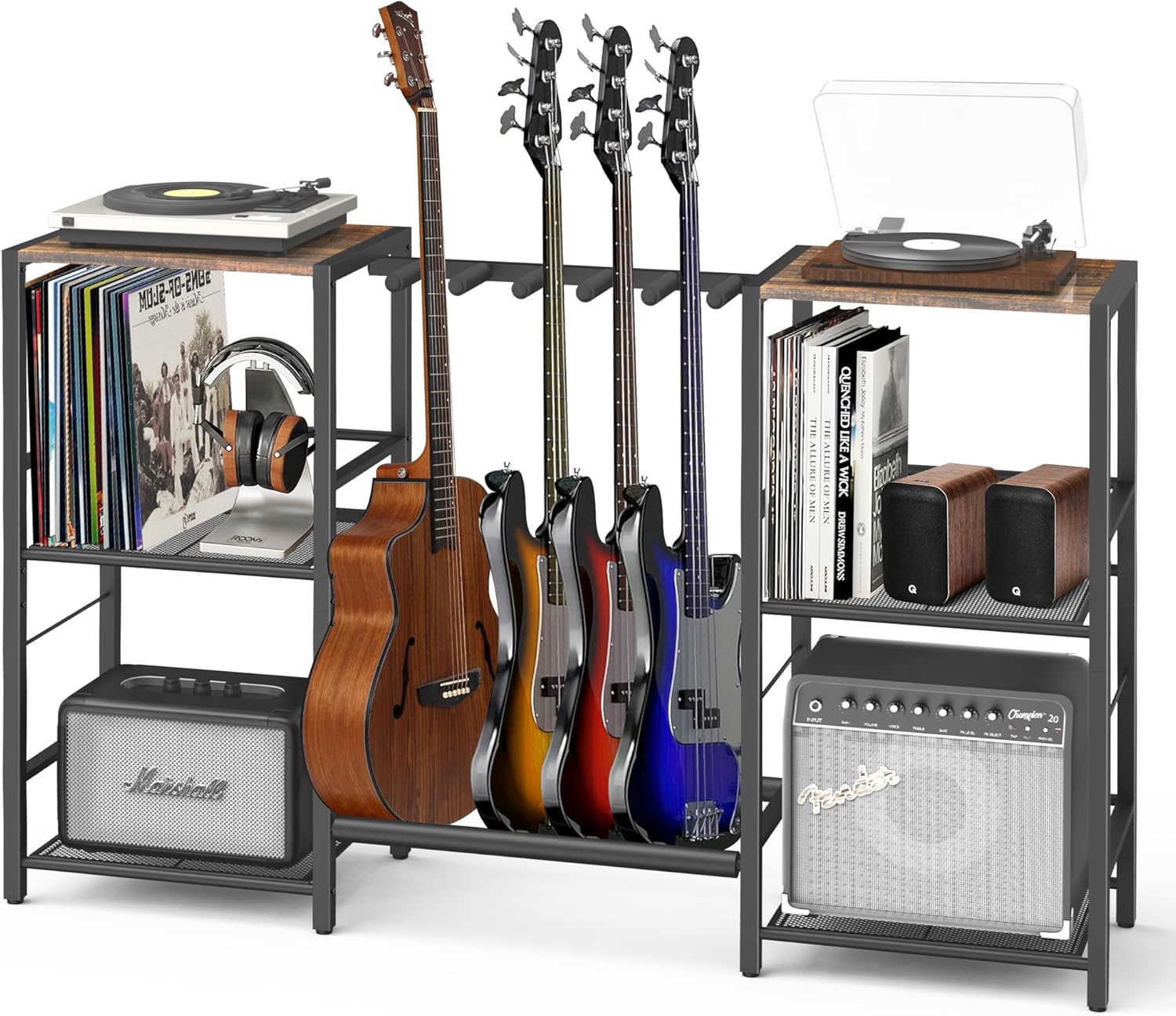 Record Player Stand, Guitar Stand Rack Multiple Guitars 4-5 Multi Guitar Holder with 3-Tier Storage Shelf for Acoustic, Electric Guitar, Bass, Guitar Amp Accessories, Music Studio (Patent)