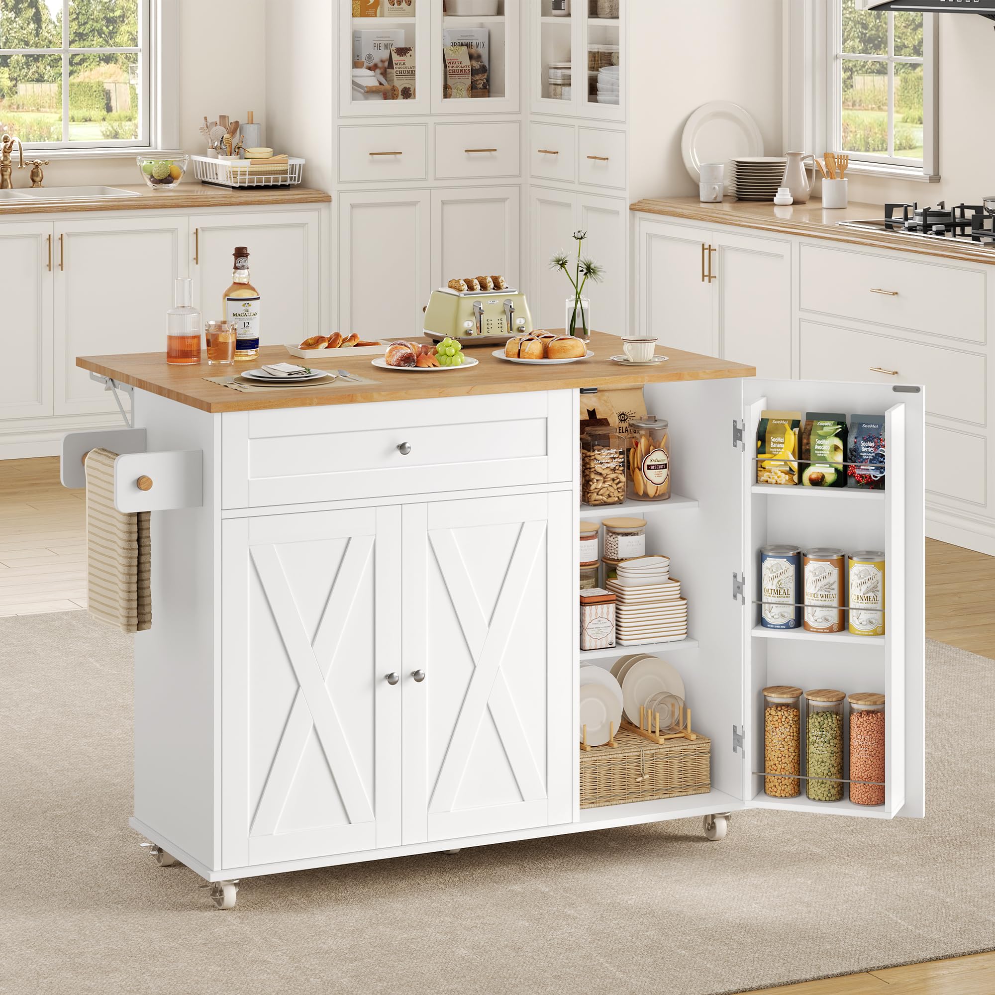 HOCSOK Isla de cocina, carro de cocina con 5 ruedas, armario de cocina con superficie de trabajo abatible y cajones, isla de cocina independiente, carro de bar para cocina y comedor, Blanco