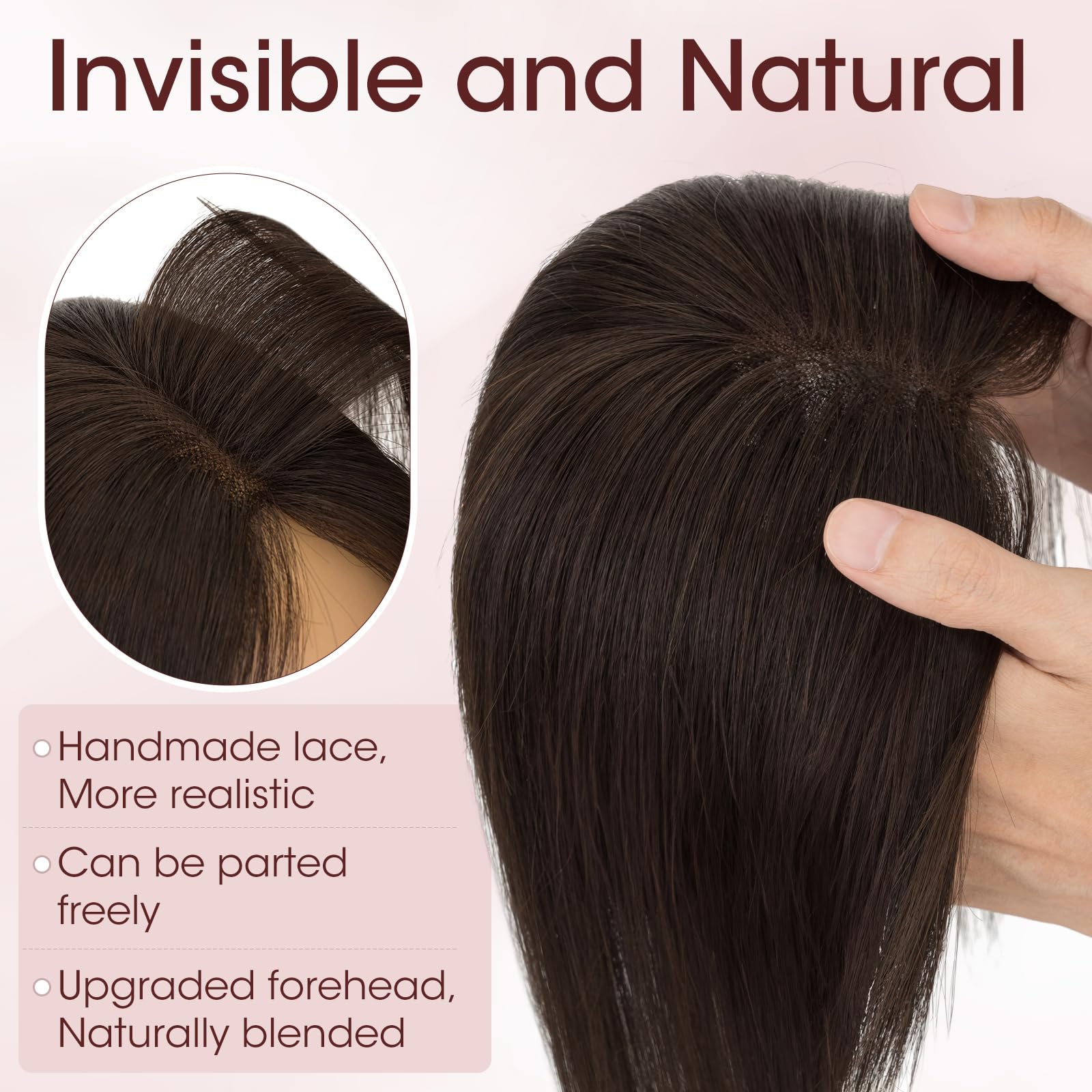 MY-LADY Topper Cheveux Humain Femme Sans Frange Volumateur Capillaire Naturel Léger Forme le Visage Pour Femme Fille(35g, #02 Marron Foncé)