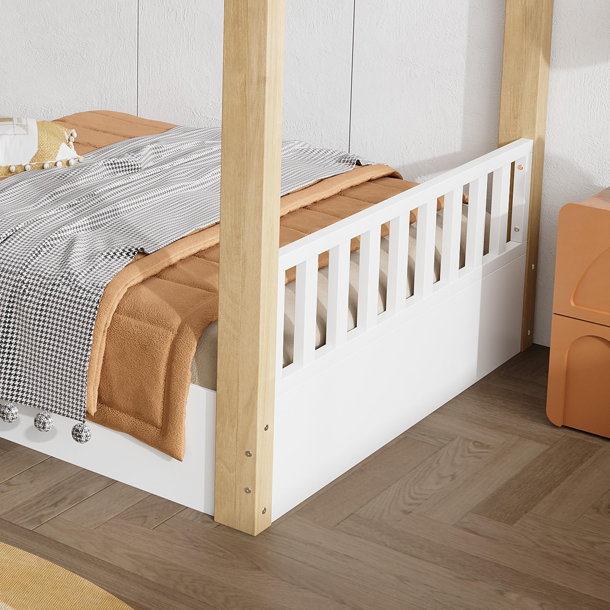 Lits en Bois, Lit d'enfant, Lit Individuel, Exquise Conception en Bois, Stable Lattenroste, Design Schlichtes, Pinier + Spanplatte + MDF, Weiß+Natur, 90x200cm