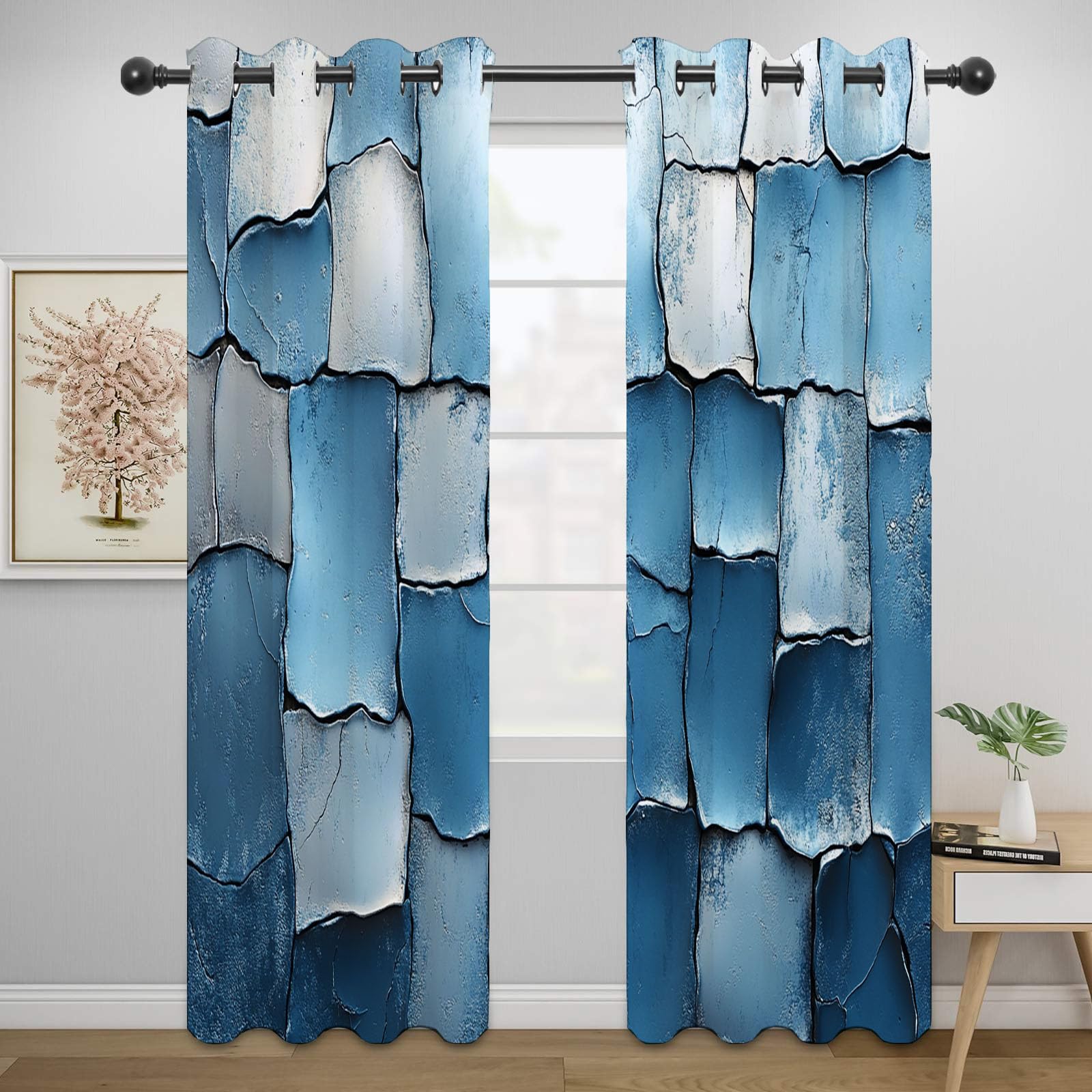 Vorhänge Blickdichte Modern Abstrakt - Rissige Blaue Steinfliesen-Optik Geometrisch Minimalist Vorhänge Schlafzimmer Fenstervorhang-H180 x B140 cm (2er Pack)
