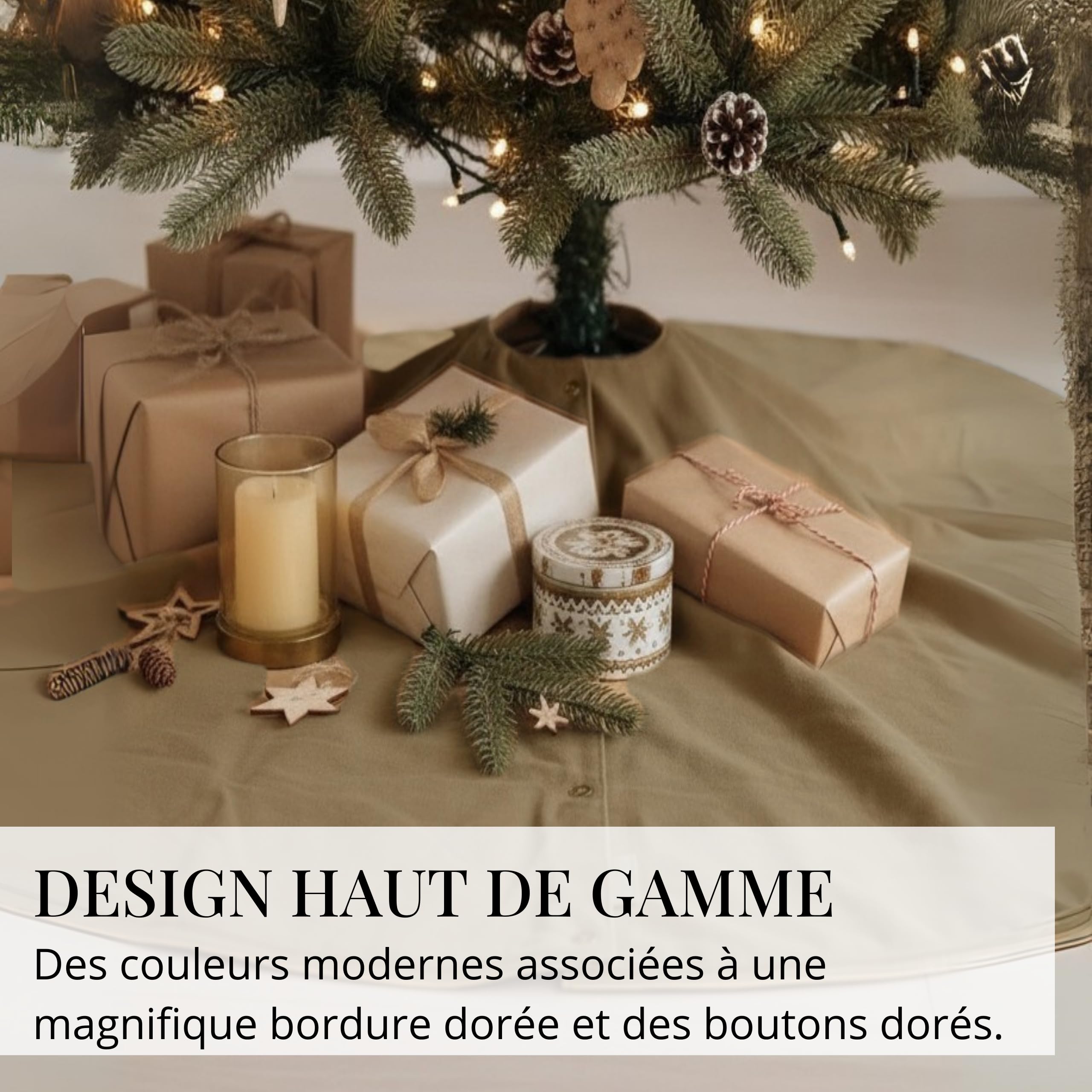 LIVLIG Jupe de Sapin Ø120 cm en Coton Beige/Brun – Tapis Rond réversible 2-en-1 avec Bord doré, Base décorative pour Pied de Sapin de Noël