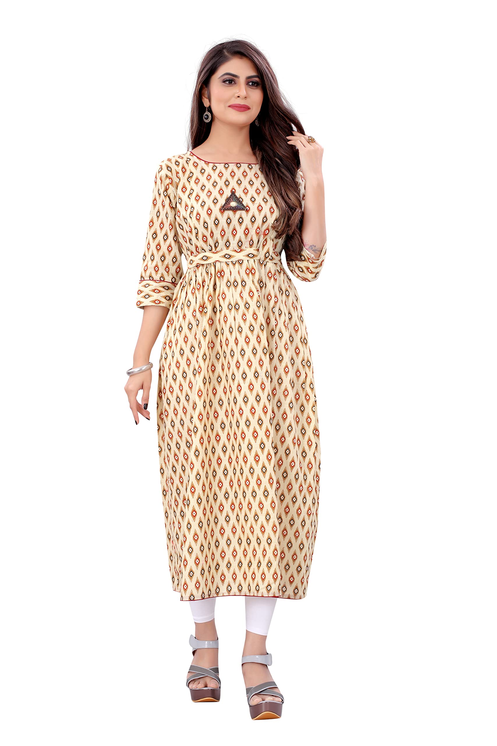 Glory Sarees Women's Cotton A-Line Maternity Feeding Kurti With Zippers (Kera104_XXL_Beige_XX-Large)