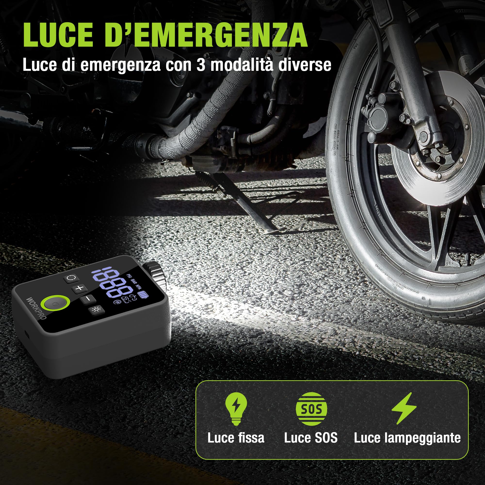 WORKPRO Mini Compressore Portatile 140 PSI, Pompa Elettrica Ricaricabile per Biciclette, Moto e Palloni, con Display LED e Luce Integrata