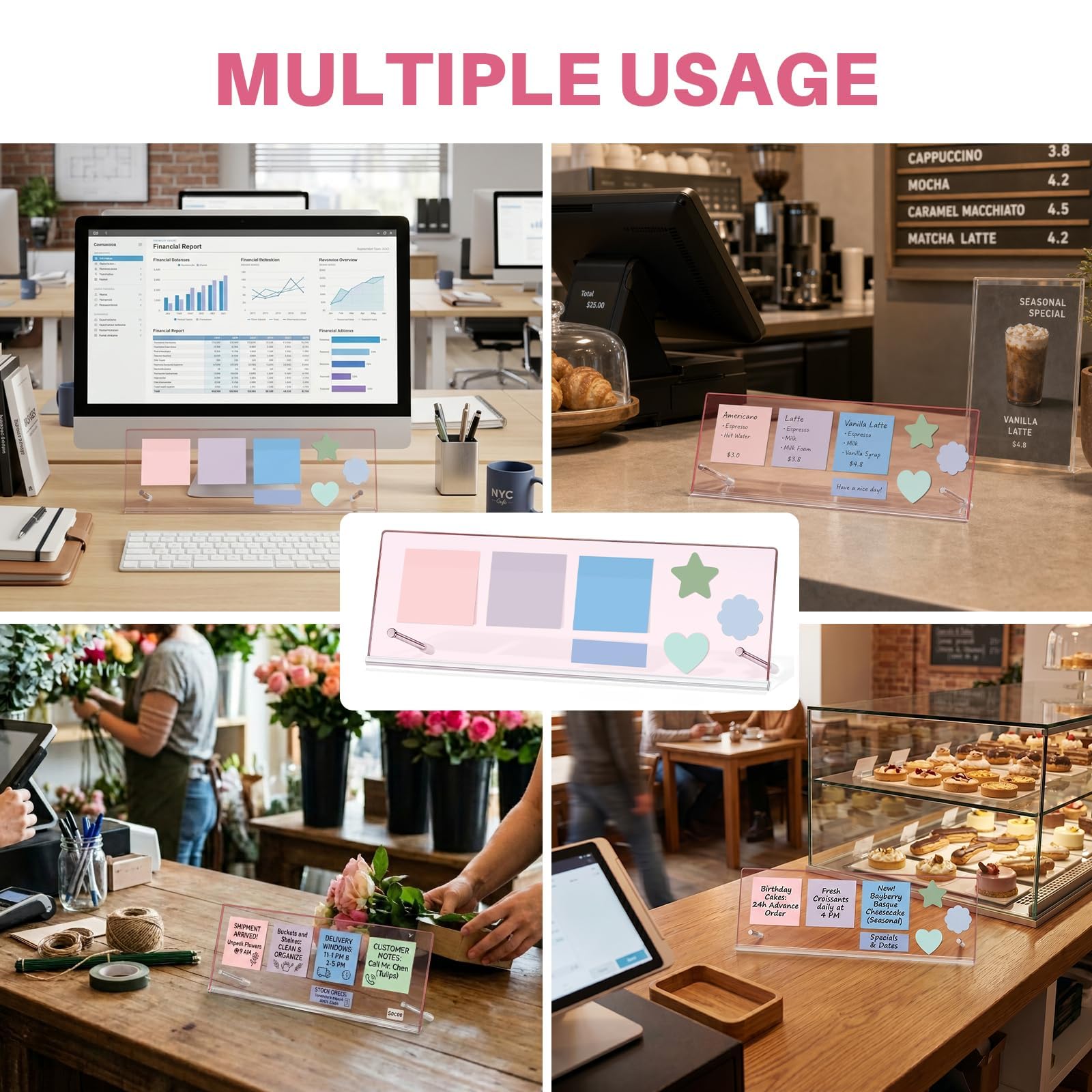 Monitor Memo Board Holder 14"x5"-Pink, Office Organization for Computer Sticky Note Holder, Space-Saving Under Monitor, Movable & Reusable, Cute Desk Accessories for Office & Home Desktop Decor view 7