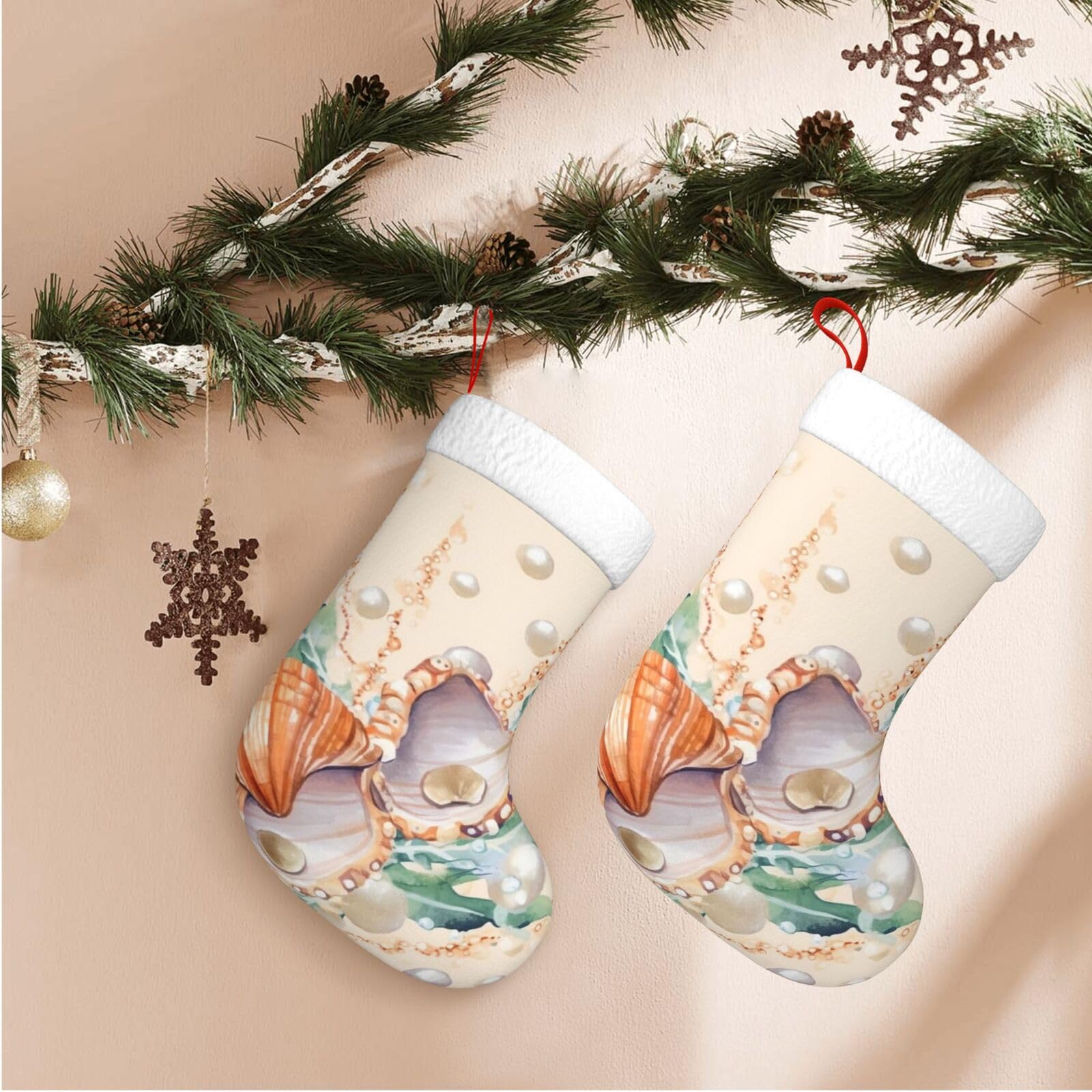 17.7" Christmas Stocking 1 Piece, Pearl Shell Seaweed Illustration Xmas Stockings with White Plush Cuff Fireplace Hanging Stocking for Christmas Holiday Party Decoration