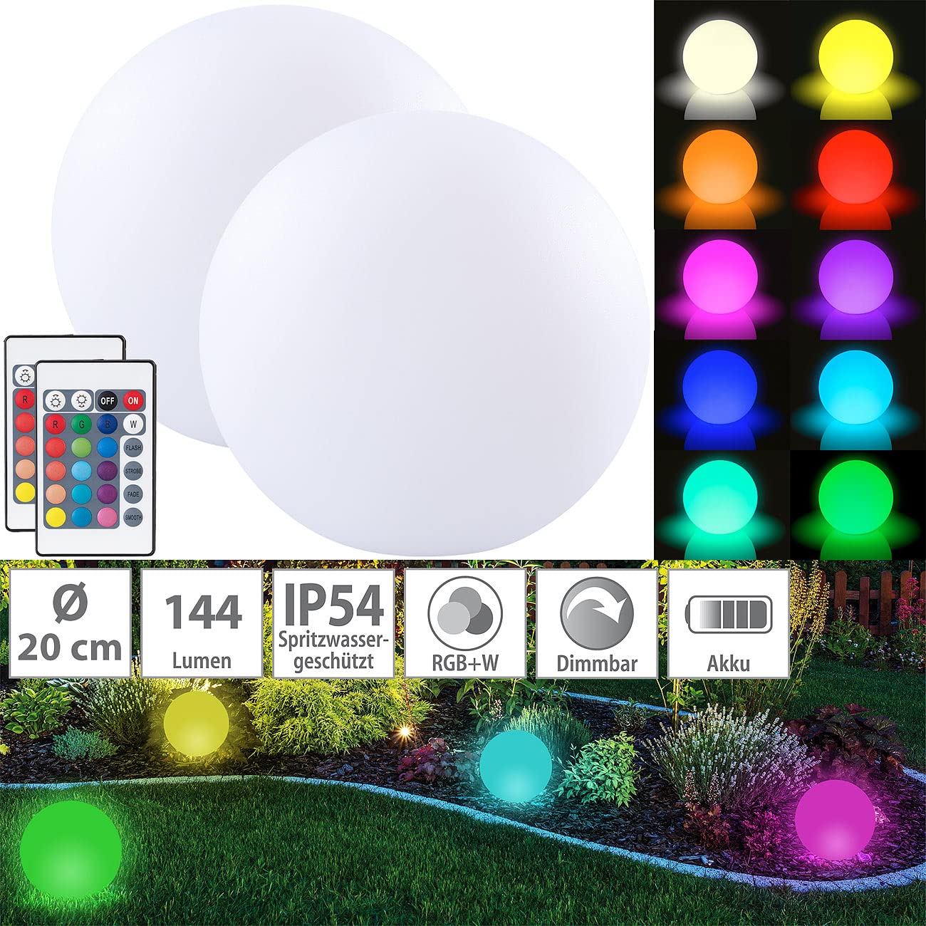 Lunartec Dekoleuchte LED: 2er-Set Akku-Leuchtkugeln für innen und außen, Ø20 cm, IP54, RGBW-LED (Stimmungsleuchte, Dekoleuchte innen, Akkus)