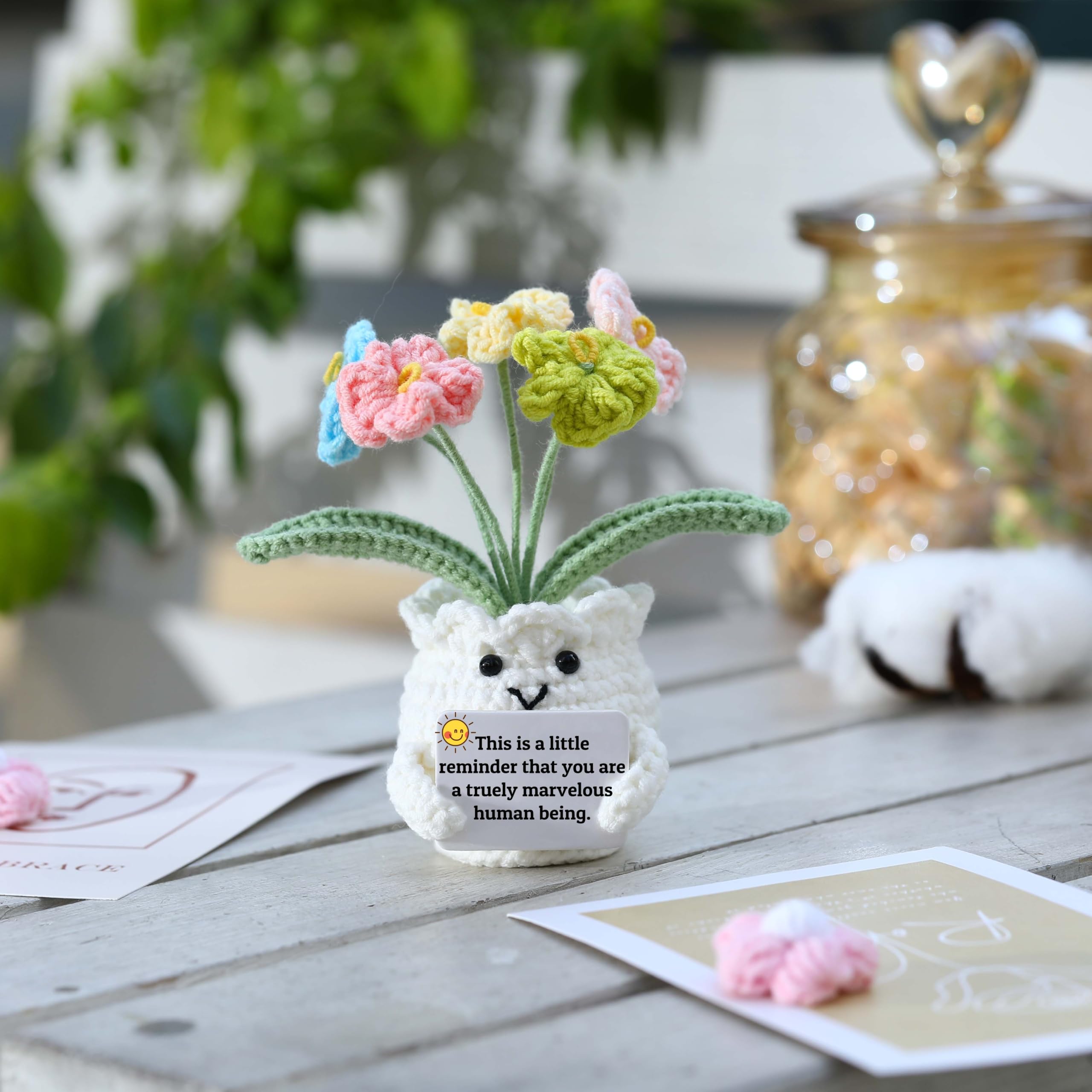YOOJEE Forget-Me-Not Positive Crochet Flowers Plants Gift Handmade Desk Decor with Card “This is a Little Reminder” Appreciation Inspirational Gift for Coworkers Women Employee Teacher Best Friend Mom