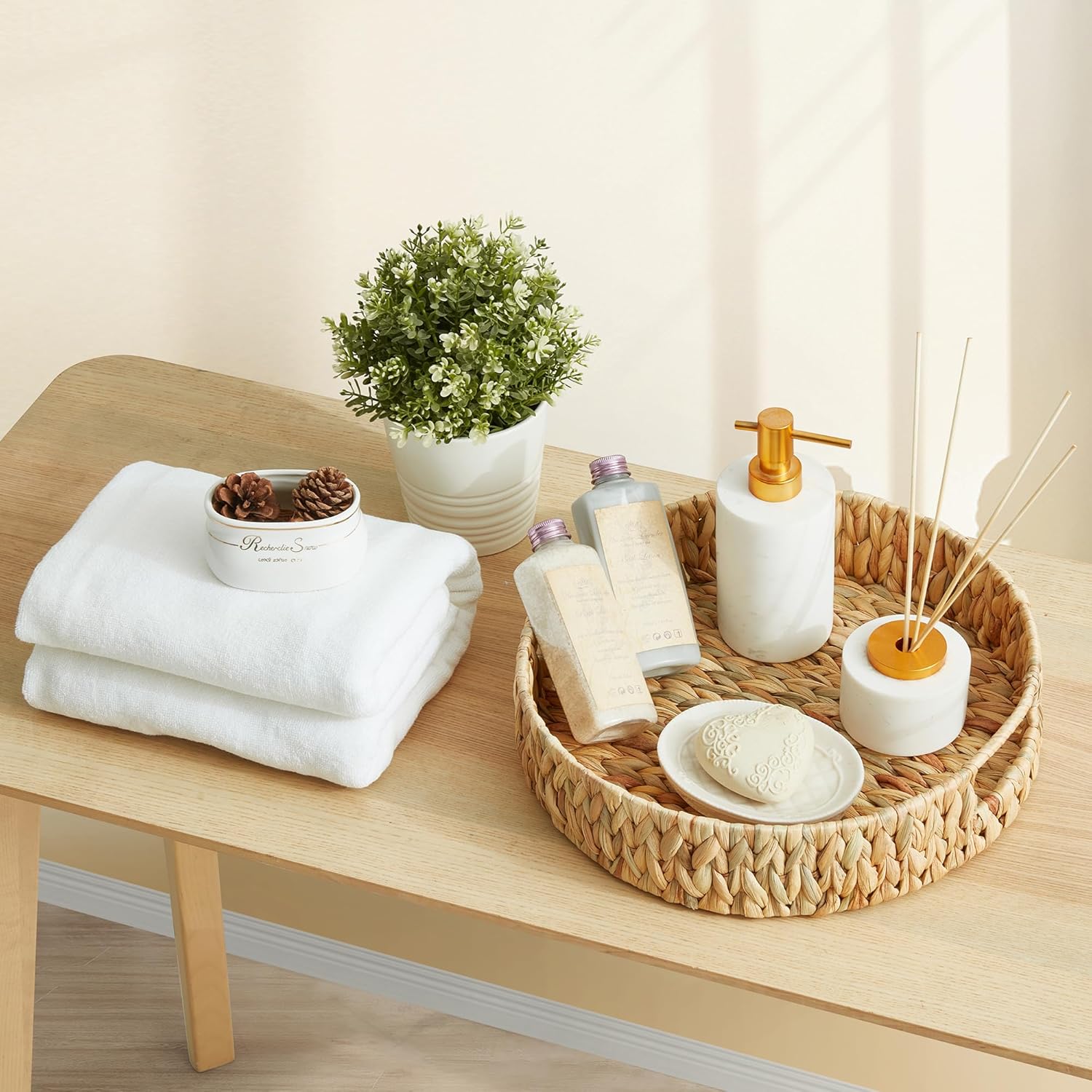 13 inch Round Wicker Tray, Hand-Woven Rattan Serving Trays with Handles for Snack Drinks Coffee Table Tray, Water Hyacinth 1Pack