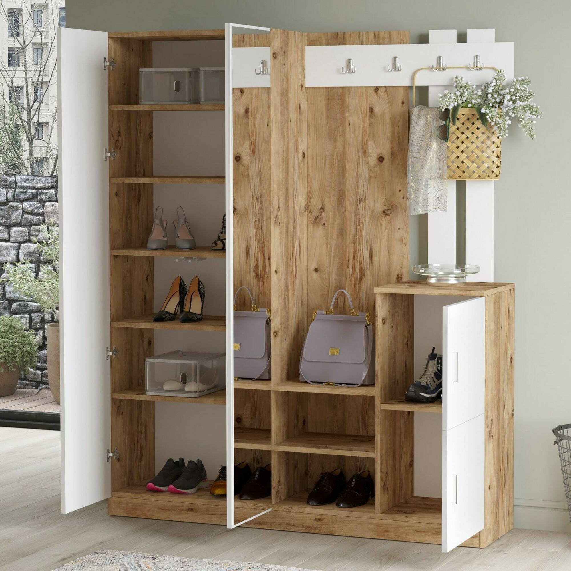 Dmora Mobile da Ingresso Borealis, Entratina Appendiabiti, Composizione per atrio, Consolle portaoggetti Multifunzione, 147x38h180 cm, Quercia e Bianco