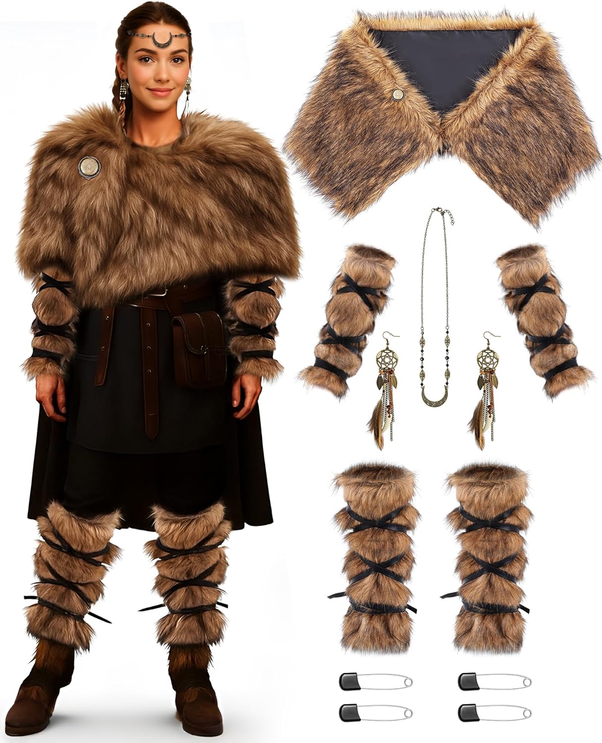 Geyoga 12 Pcs Halloween Viking Warrior Costume Set for Women - Faux Fur Shawl, Arm & Leg Warmers with Medieval Necklace & Earrings | Halloween, Cosplay, LARP, Renaissance Festival Accessories