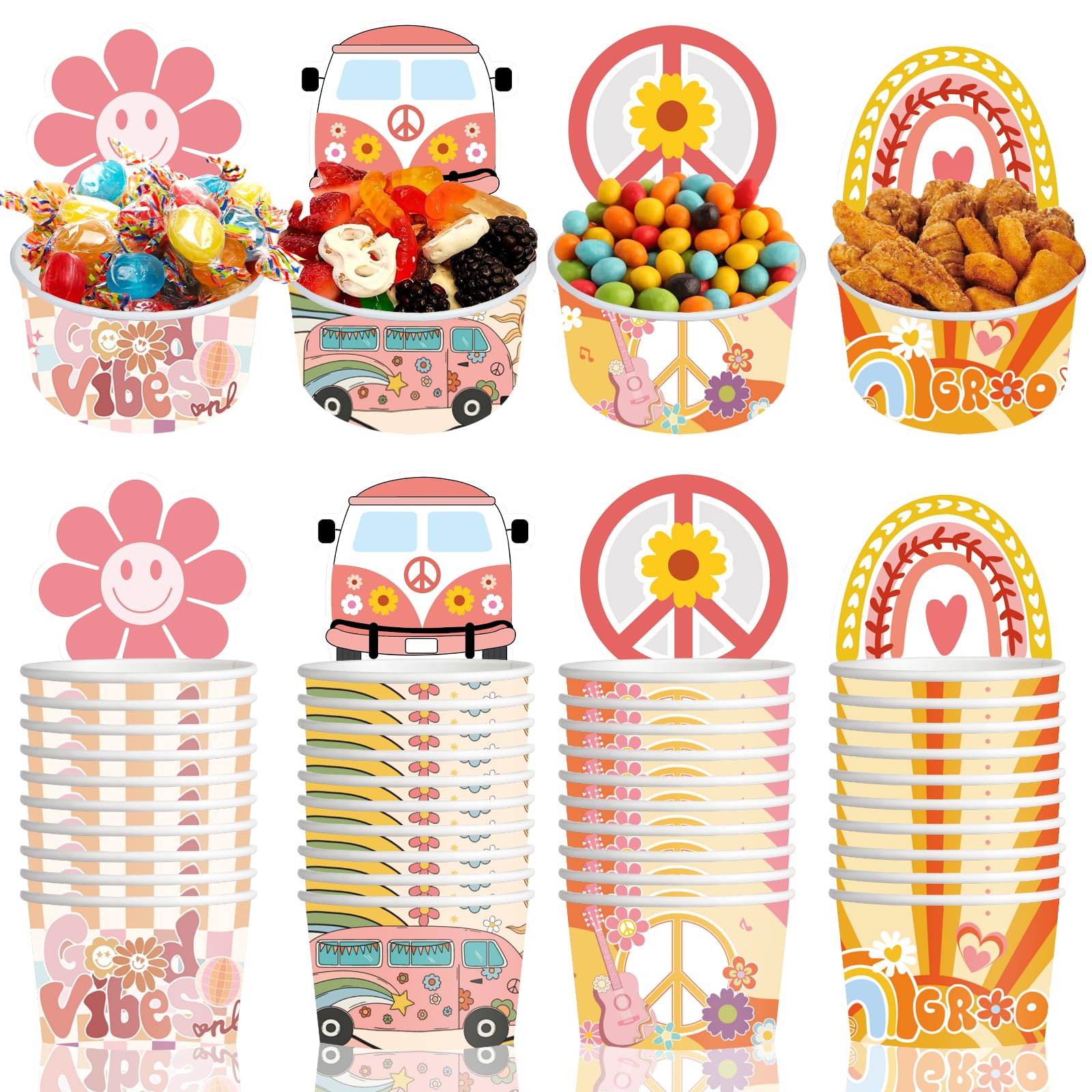 QICI 40 Pcs Groovy Snack Cups, Groovy Ice Cream Cups, Retro Hippie Birthday Decorations Supplies, Hippie Boho Bowl for Baby Bridal Shower Girls Birthday Party Favors